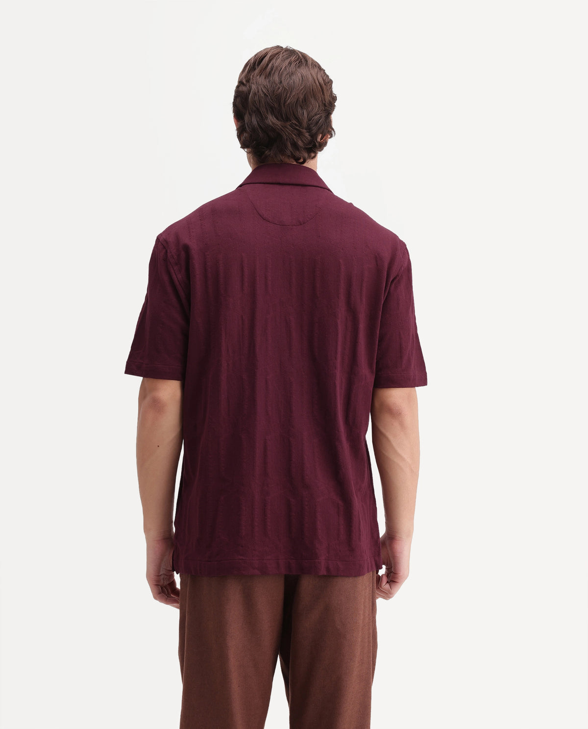 Rare Rabbit Men's Skol Dark Red Cotton Cuban Collar Relaxed Jacquard Shirt