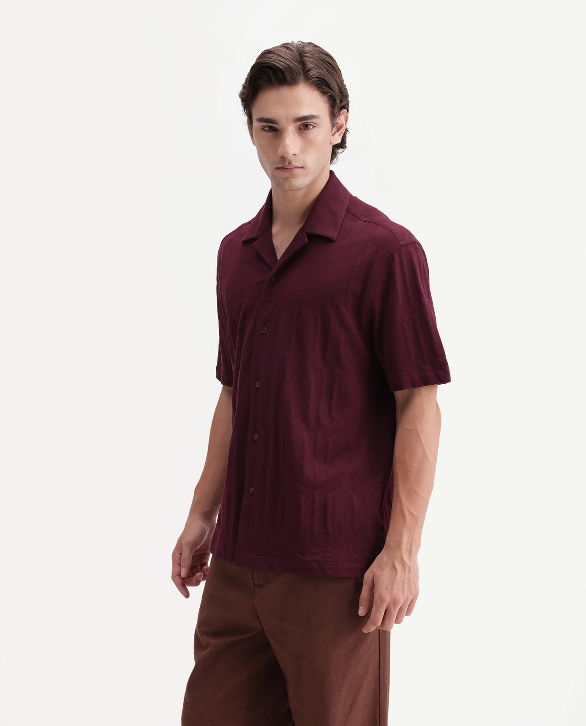 Rare Rabbit Men's Skol Dark Red Cotton Cuban Collar Relaxed Jacquard Shirt