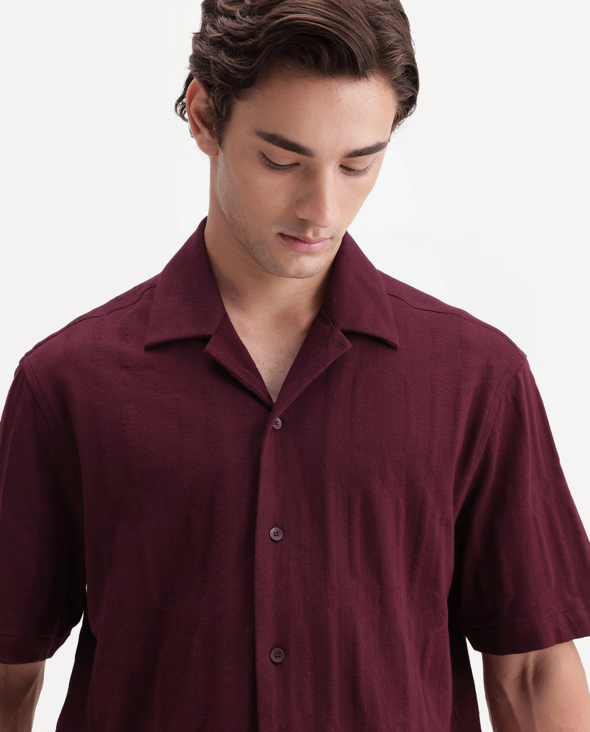 Rare Rabbit Men's Skol Dark Red Cotton Cuban Collar Relaxed Jacquard Shirt