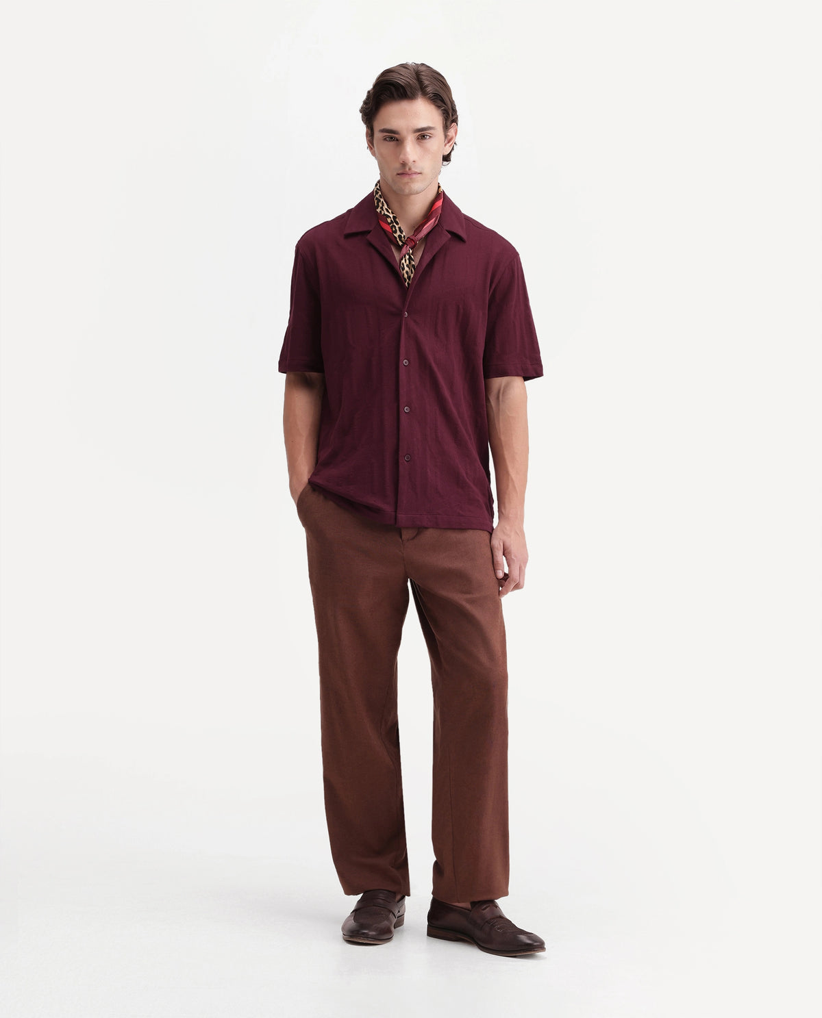Rare Rabbit Men's Skol Dark Red Cotton Cuban Collar Relaxed Jacquard Shirt