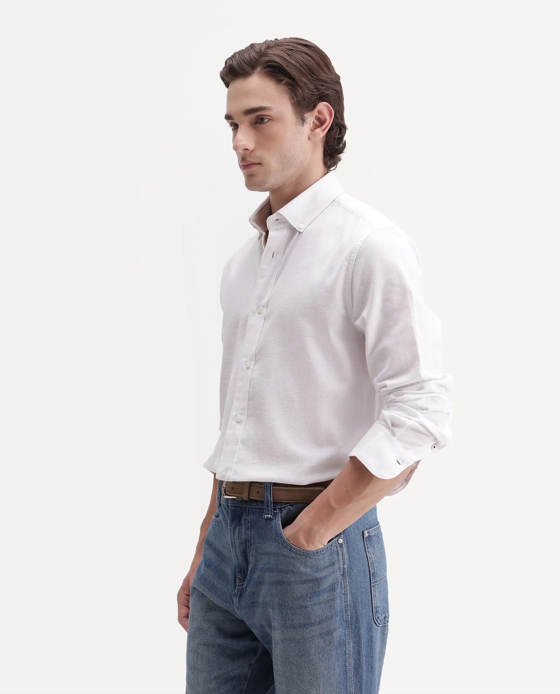 Rare Rabbit Men's Carlos O White Cotton Button-Down Collar Regular Plain Shirt