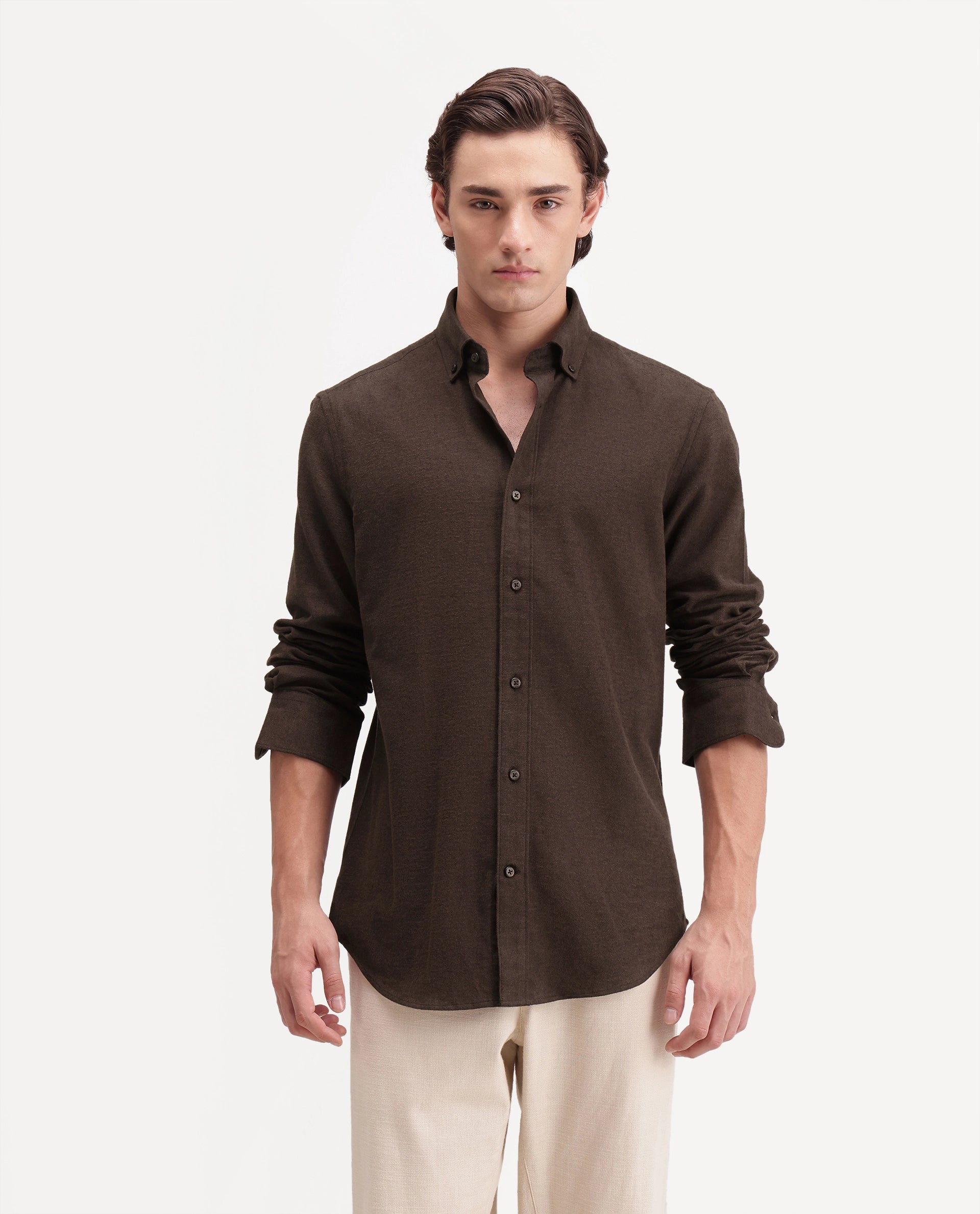 Rare Rabbit Men's Carlos O Brown Cotton Button-Down Collar Regular Plain Shirt