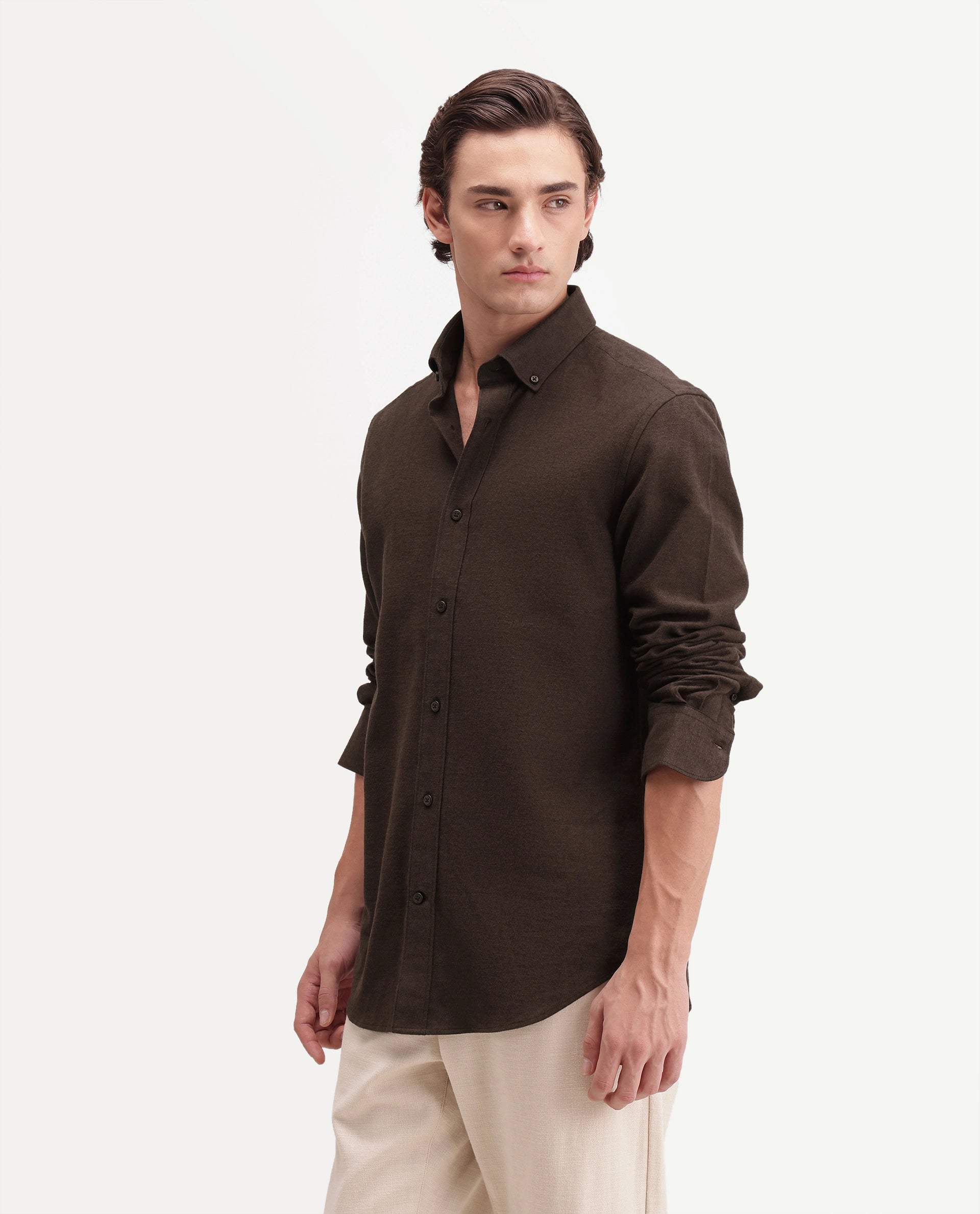 Rare Rabbit Men's Carlos O Brown Cotton Button-Down Collar Regular Plain Shirt