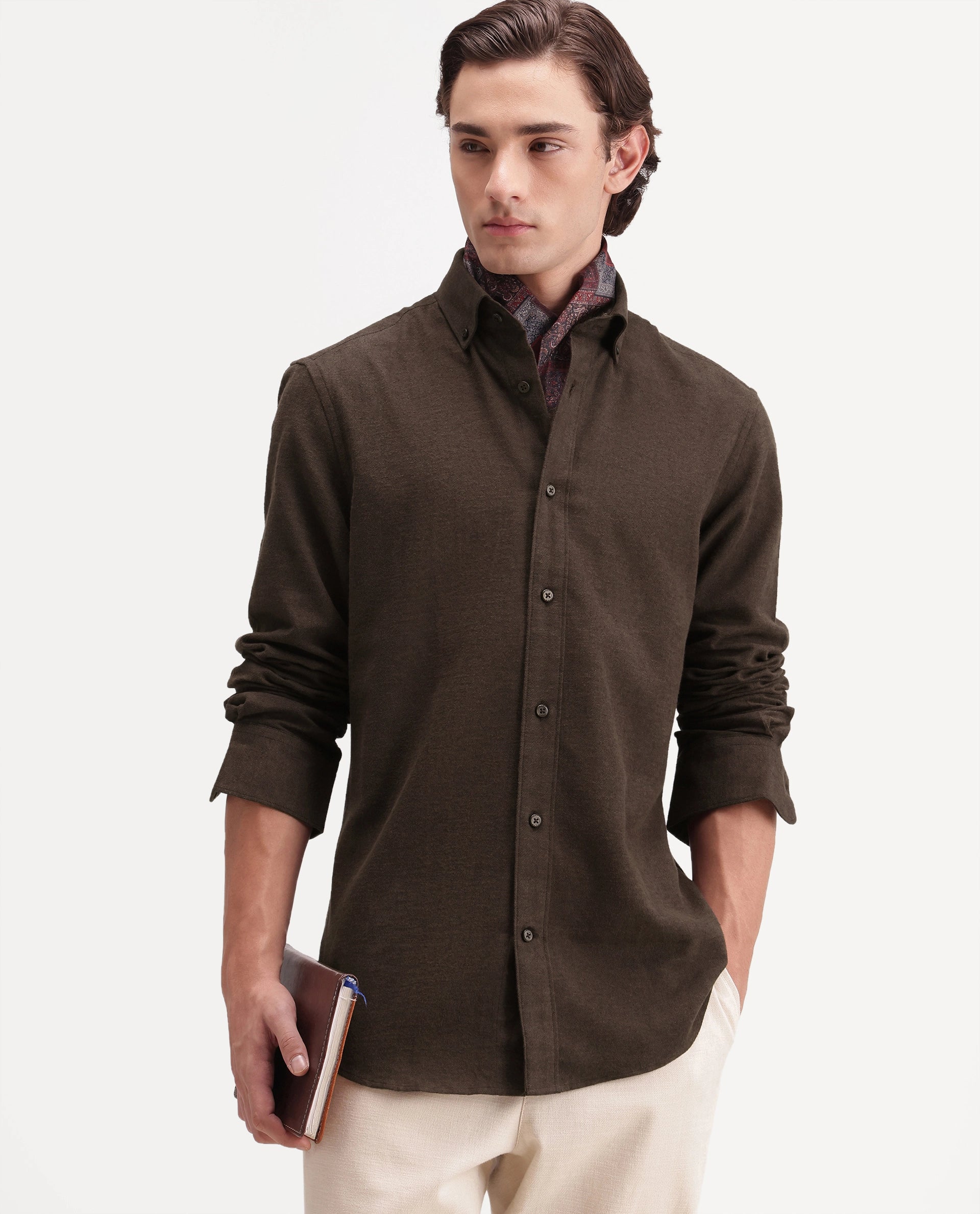 Rare Rabbit Men's Carlos O Brown Cotton Button-Down Collar Regular Plain Shirt