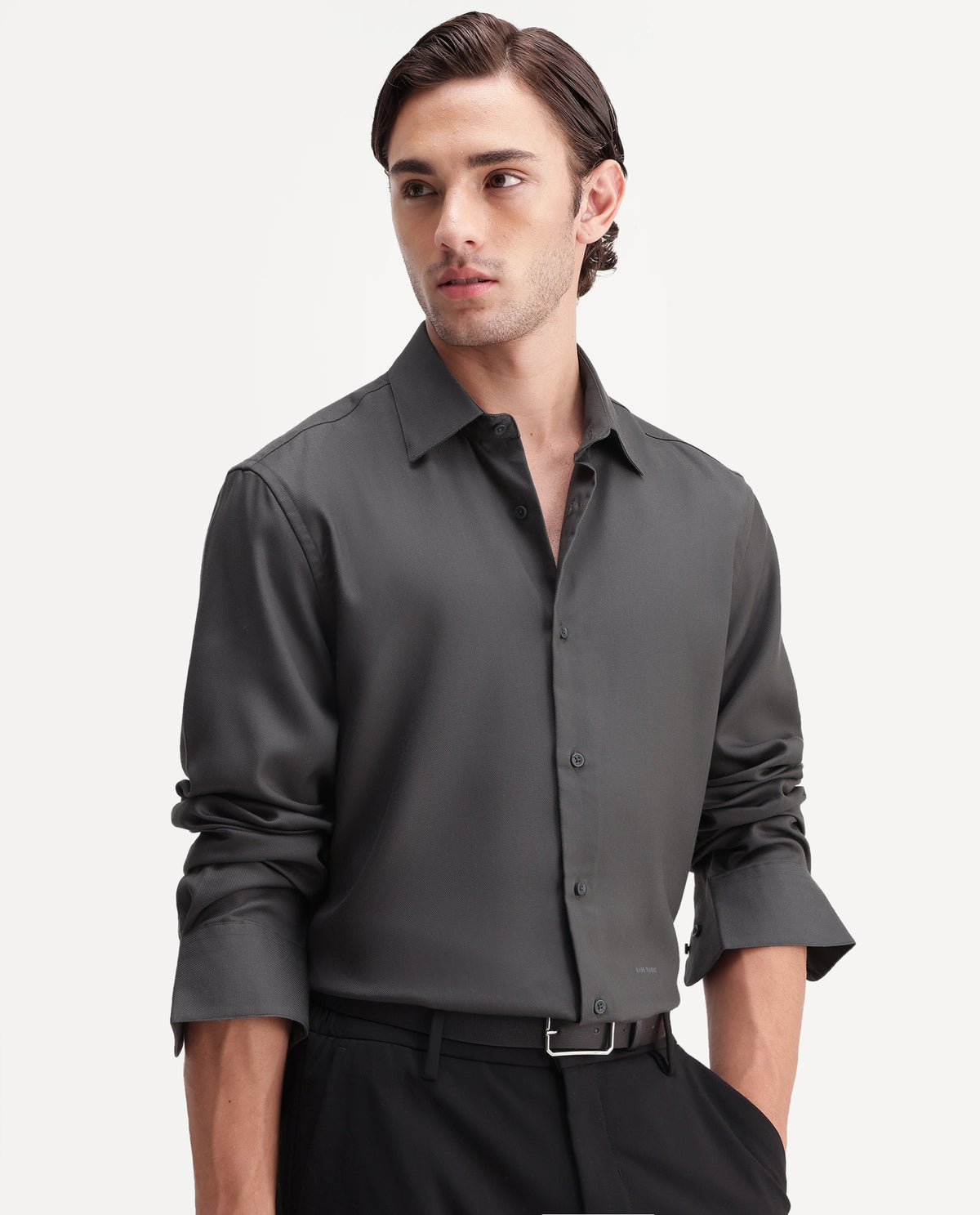Rare Rabbit Men's Pare Grey Cotton Blend Button-Down Collar Regular Plain Shirt