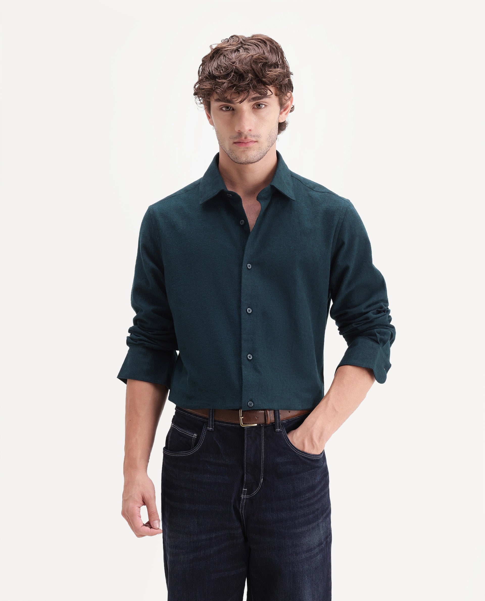 Rare Rabbit Men's Carlos D Dark Purple Chambray Twill Spread Collar Regular Plain Shirt