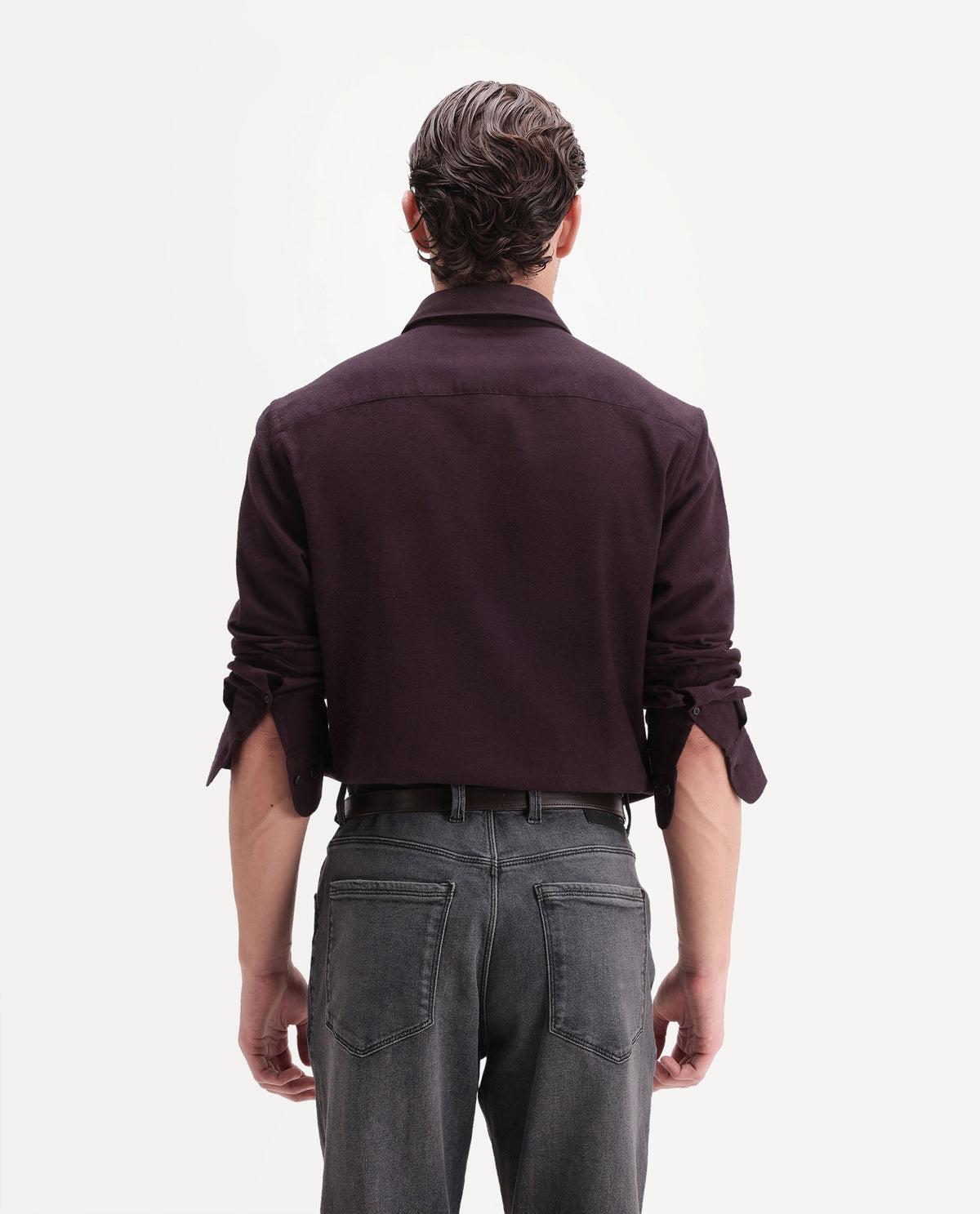 Rare Rabbit Men's Carlos D Dark Red Chambray twill Spread Collar Regular Plain Shirt