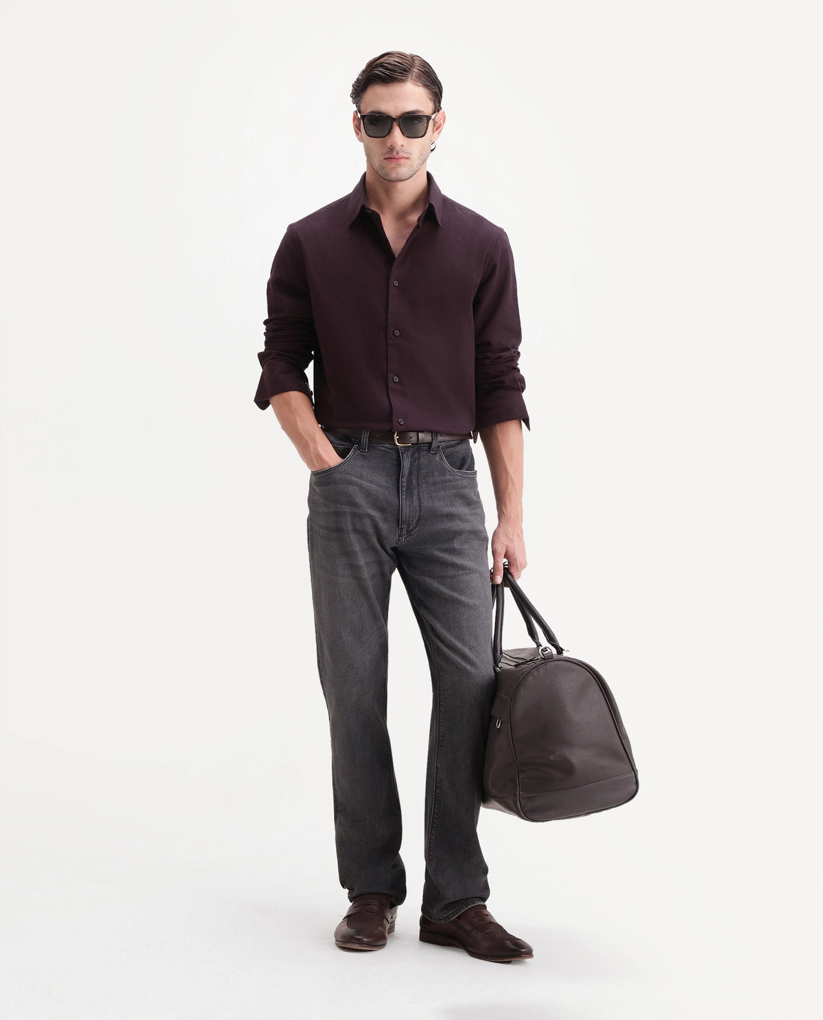 Rare Rabbit Men's Carlos D Dark Red Chambray twill Spread Collar Regular Plain Shirt