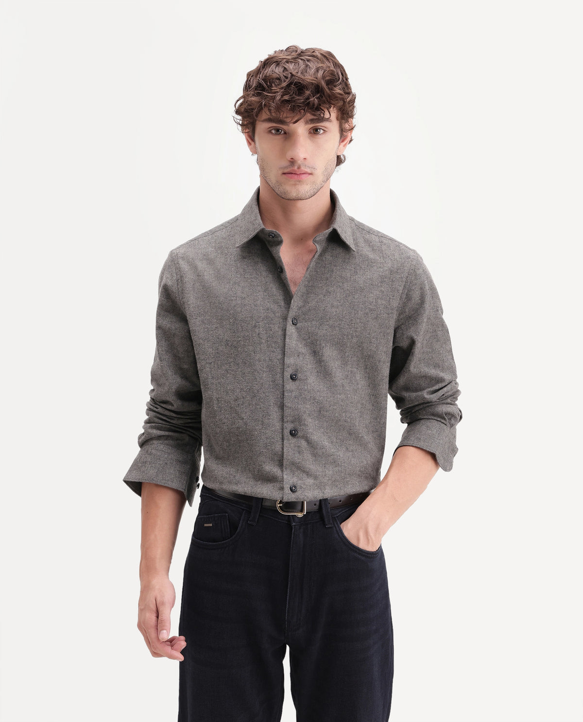 Rare Rabbit Men's Carlos D Brown chambray twill Spread Collar Regular Plain Shirt