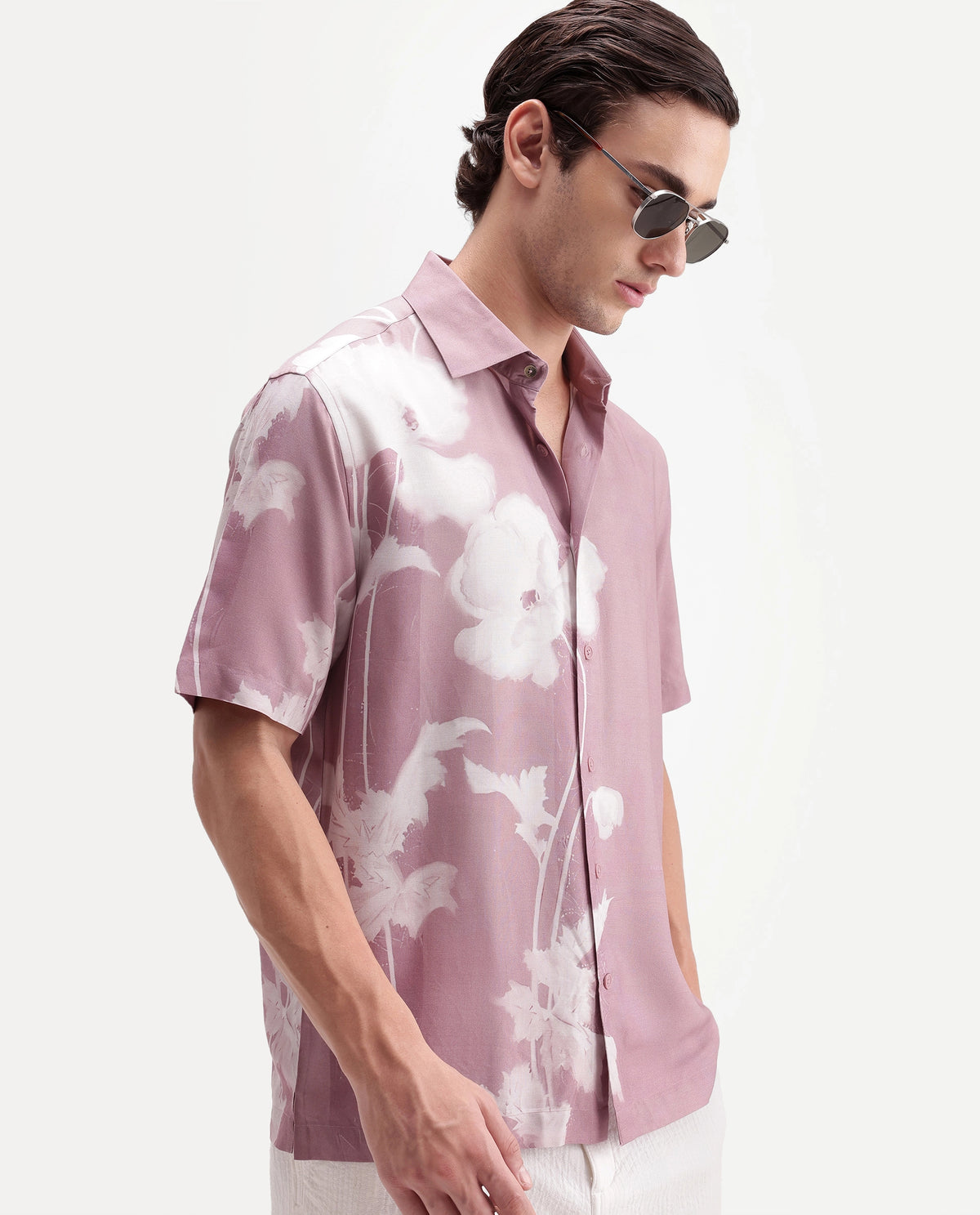 Rare Rabbit Men's Groti Dusky Pink Viscose Blend Floral Print Relaxed Fit Half Sleeve Collared Shirt