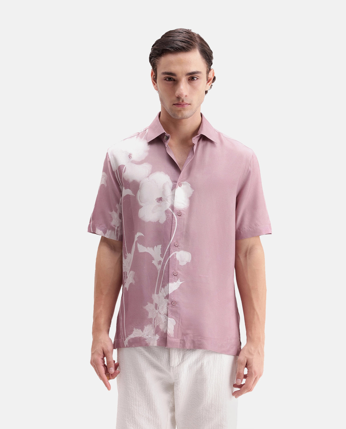 Rare Rabbit Men's Groti Dusky Pink Viscose Blend Floral Print Relaxed Fit Half Sleeve Collared Shirt