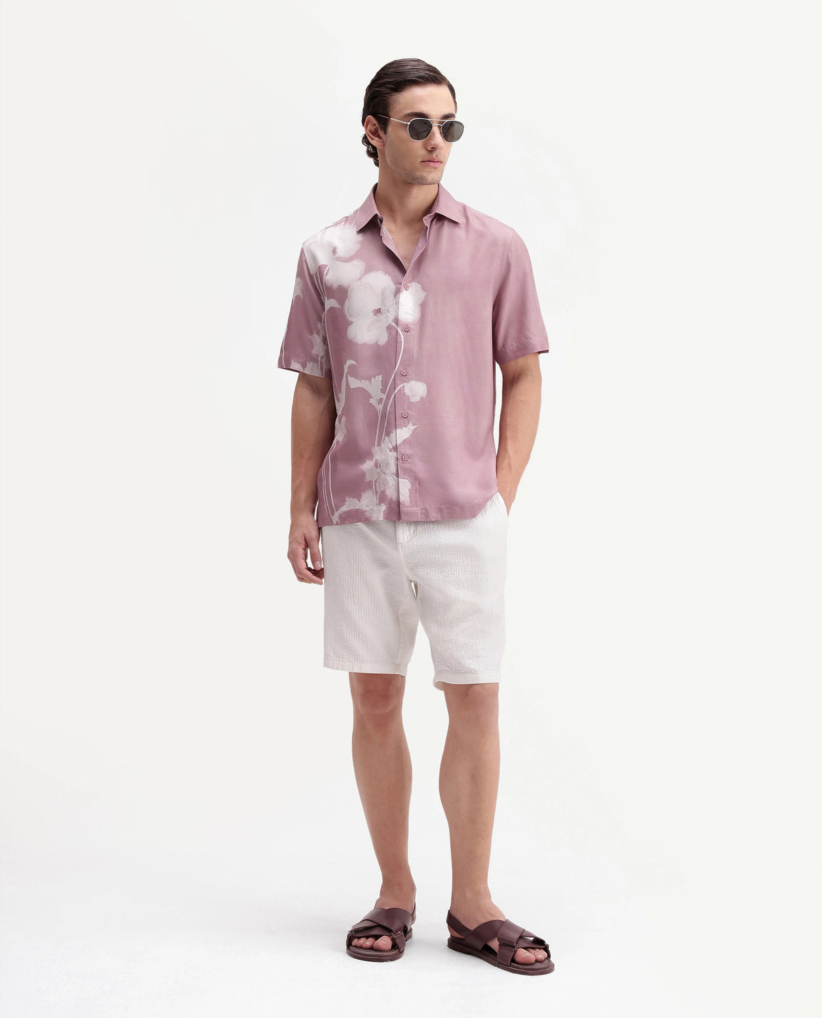 Rare Rabbit Men's Groti Dusky Pink Viscose Blend Floral Print Relaxed Fit Half Sleeve Collared Shirt