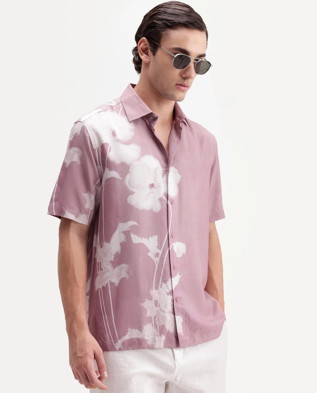 Rare Rabbit Men's Groti Dusky Pink Viscose Blend Floral Print Relaxed Fit Half Sleeve Collared Shirt