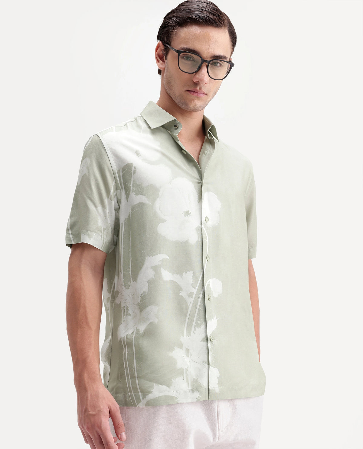 Rare Rabbit Men's Groti Dusky Green Viscose Blend Floral Print Relaxed Fit Half Sleeve Collared Shirt