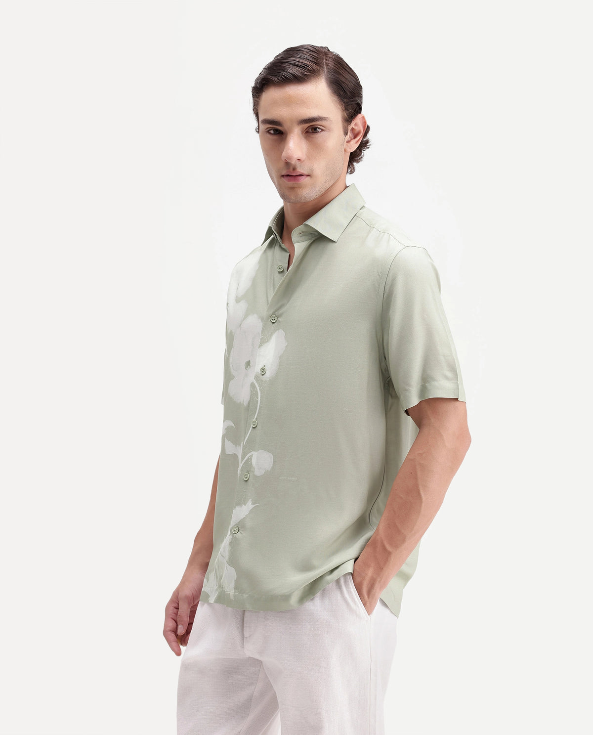 Rare Rabbit Men's Groti Dusky Green Viscose Blend Floral Print Relaxed Fit Half Sleeve Collared Shirt