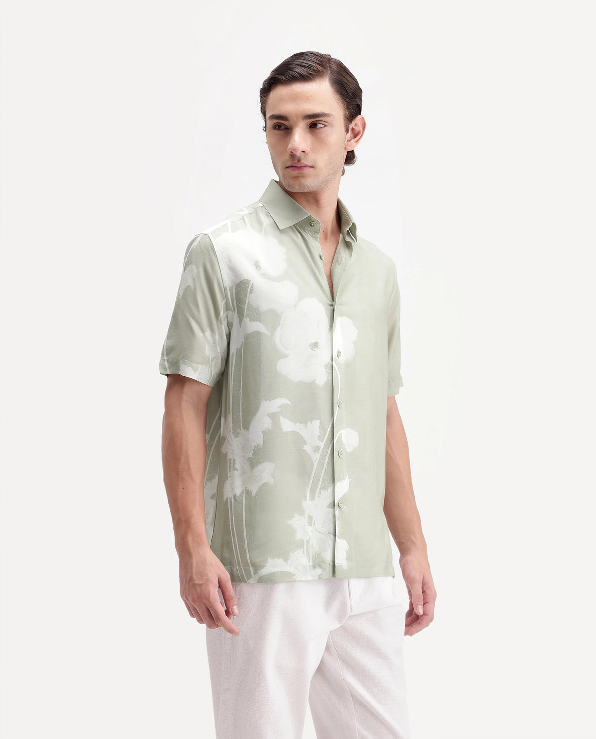 Rare Rabbit Men's Groti Dusky Green Viscose Blend Floral Print Relaxed Fit Half Sleeve Collared Shirt