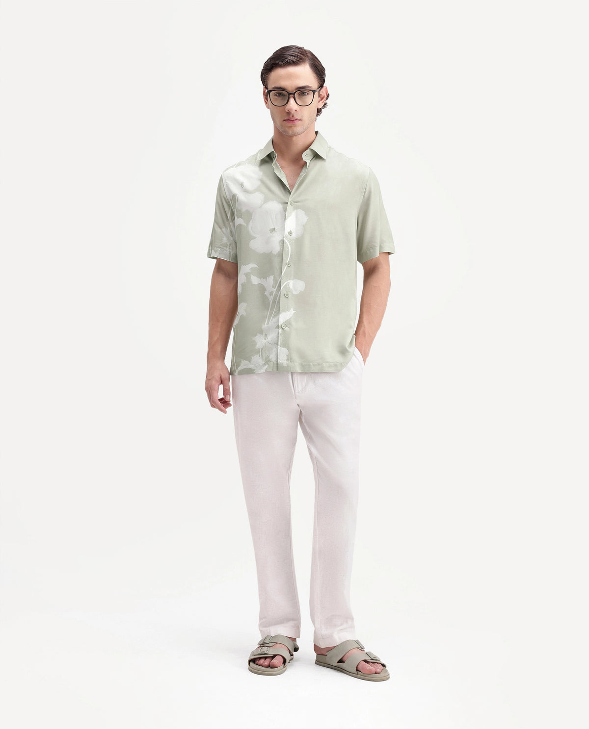 Rare Rabbit Men's Groti Dusky Green Viscose Blend Floral Print Relaxed Fit Half Sleeve Collared Shirt