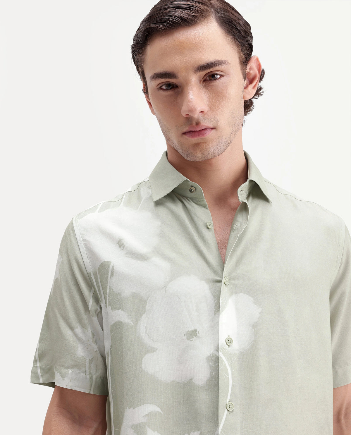 Rare Rabbit Men's Groti Dusky Green Viscose Blend Floral Print Relaxed Fit Half Sleeve Collared Shirt