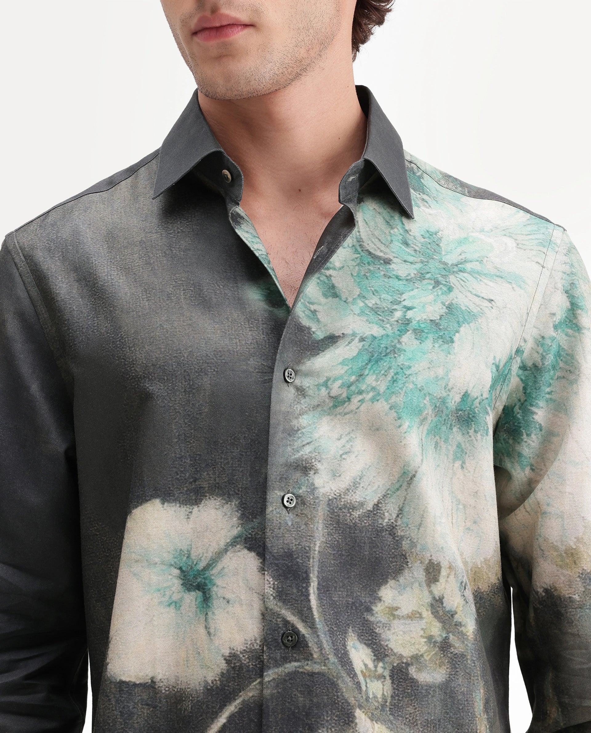 Rare Rabbit Men's Doru Dusky Green Cotton Blend Spread Collar Regular Floral Print Shirt
