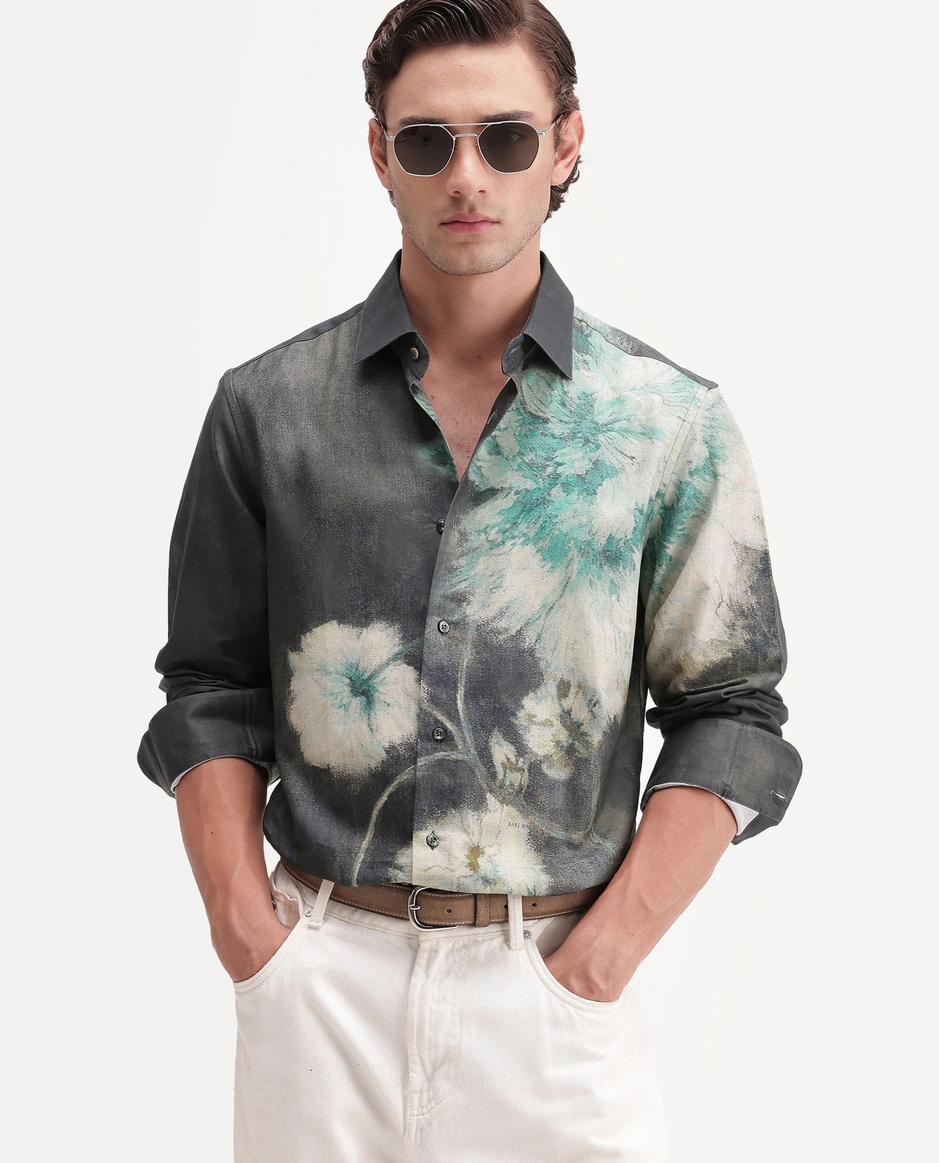 Rare Rabbit Men's Doru Dusky Green Cotton Blend Spread Collar Regular Floral Print Shirt