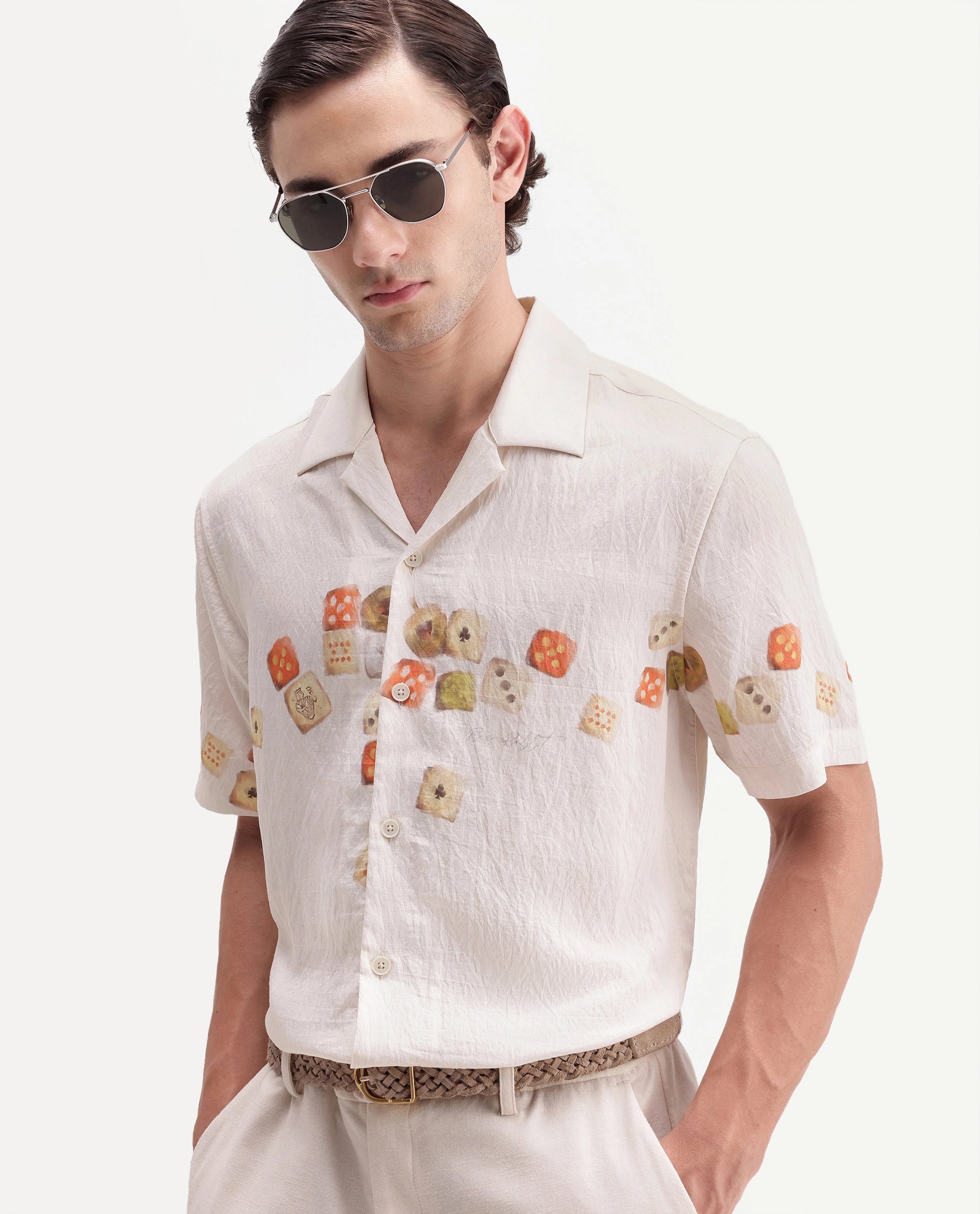 Rare Rabbit Men's Jot Light Beige Viscose Blend Cuban Collar Regular Printed Shirt