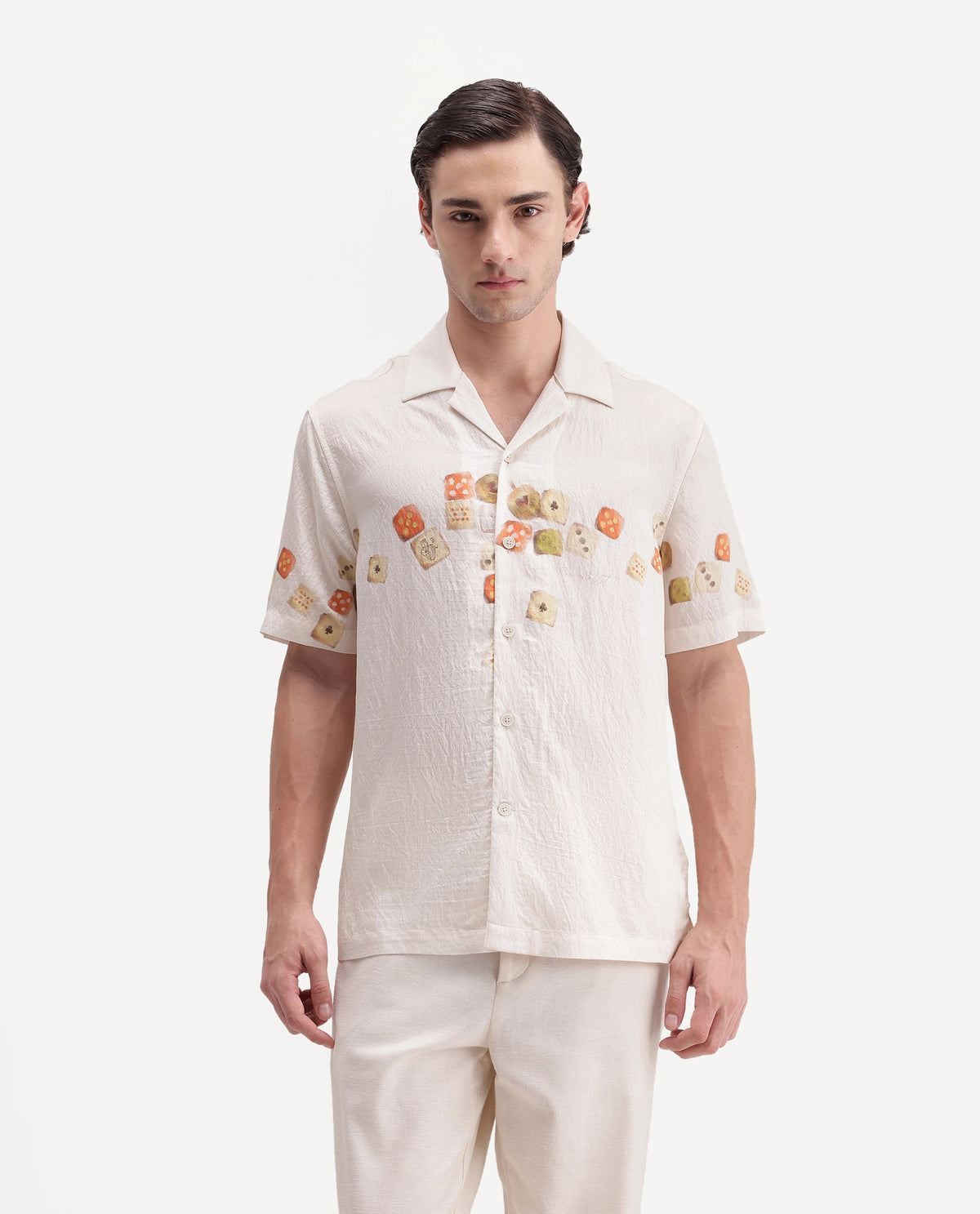 Rare Rabbit Men's Jot Light Beige Viscose Blend Cuban Collar Regular Printed Shirt