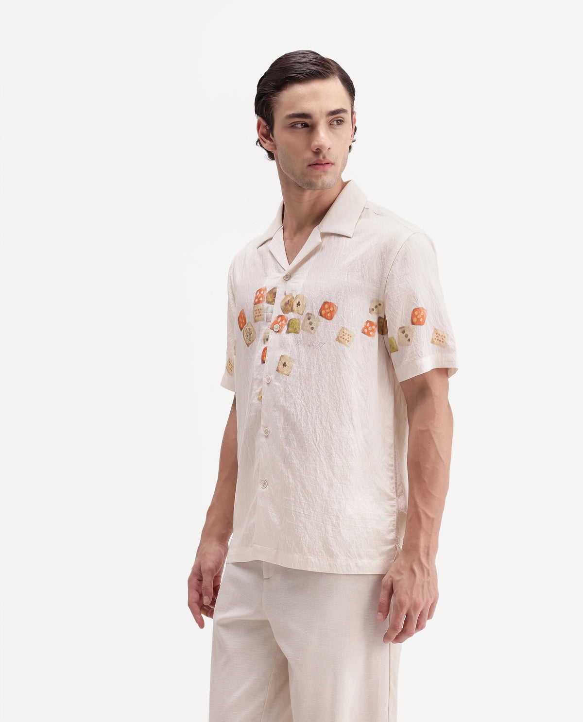 Rare Rabbit Men's Jot Light Beige Viscose Blend Cuban Collar Regular Printed Shirt