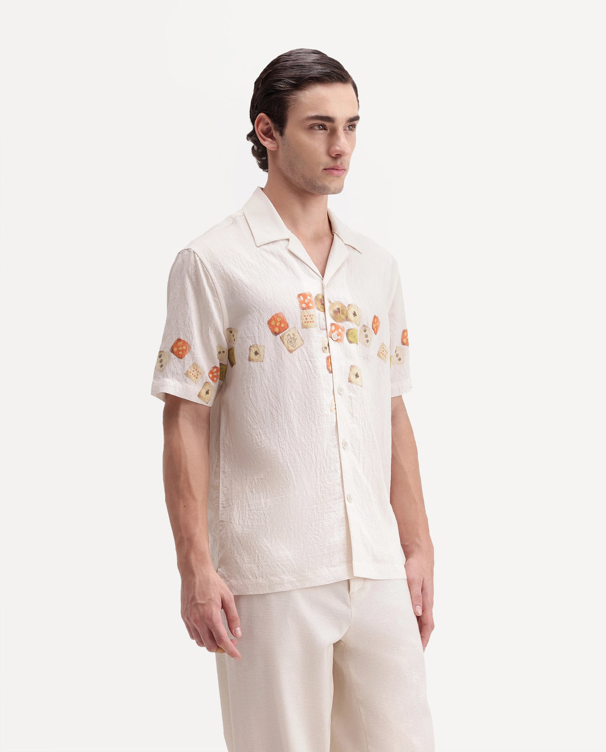 Rare Rabbit Men's Jot Light Beige Viscose Blend Cuban Collar Regular Printed Shirt