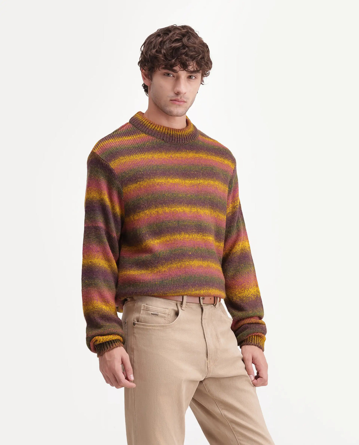Rare Rabbit Men's Finn Multi Acrylic Crew Neck Regular Striped Sweater