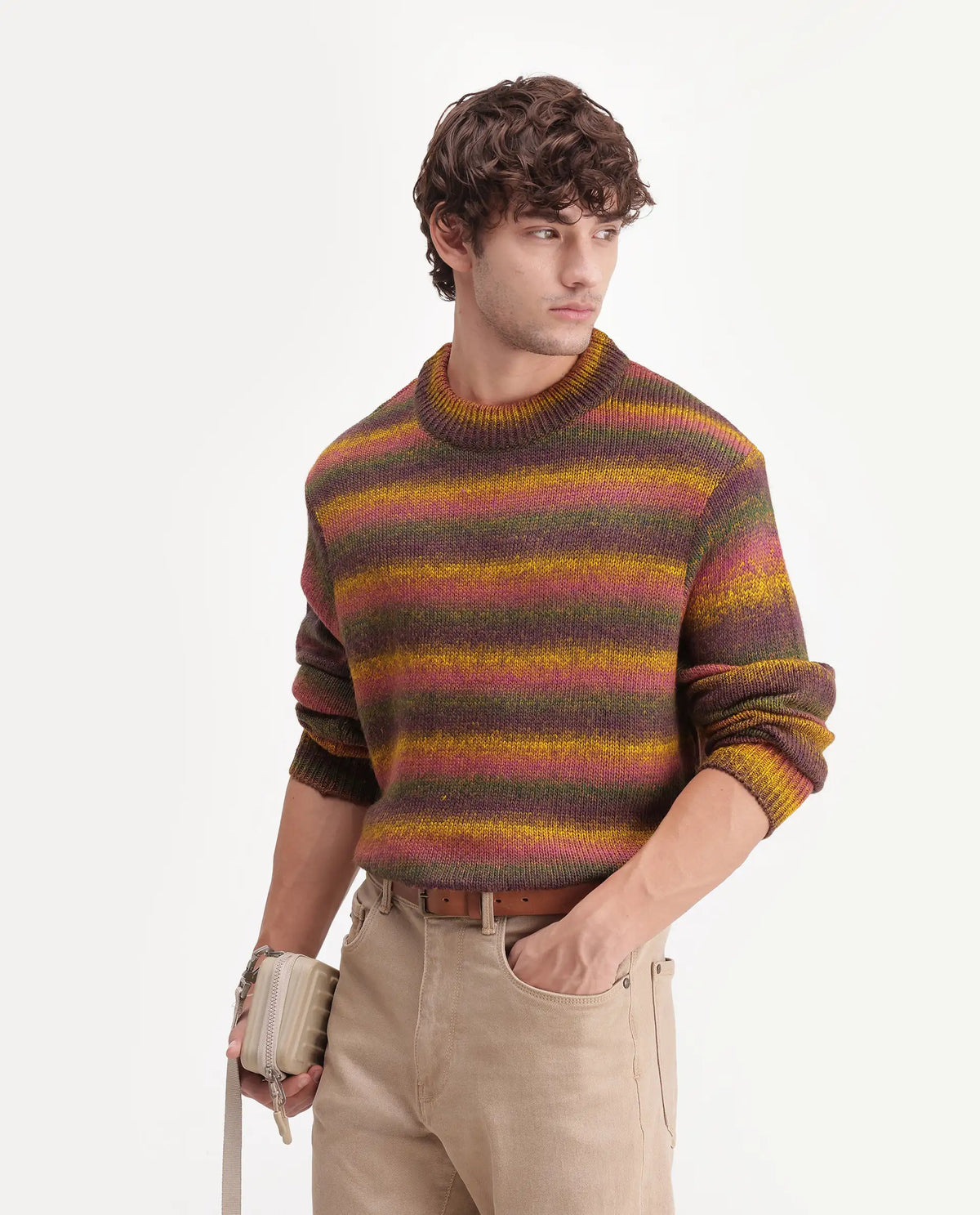 Rare Rabbit Men's Finn Multi Acrylic Crew Neck Regular Striped Sweater