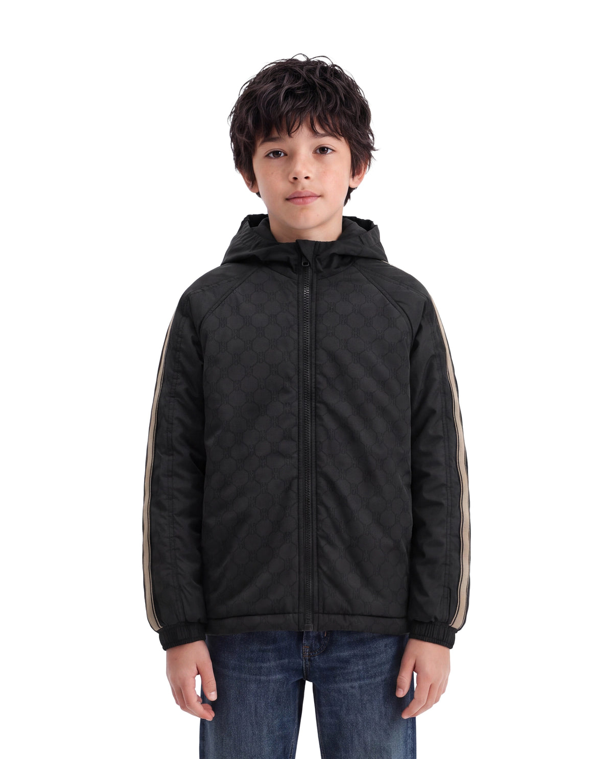 Rare Ones Kids Grami Black Polyester Fabric Zipper Closure Regular Fit Monogram Print Jacket