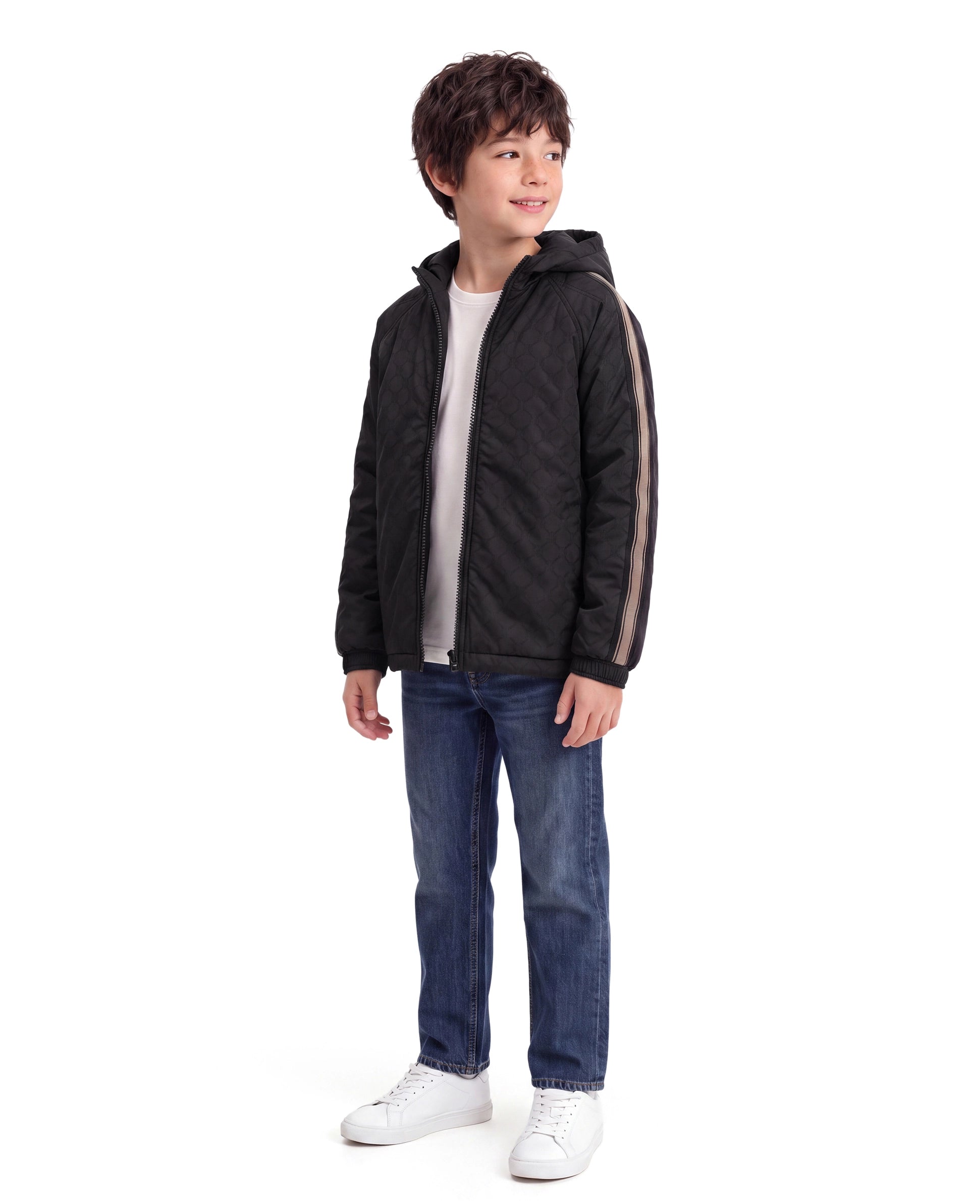 Rare Ones Kids Grami Black Polyester Fabric Zipper Closure Regular Fit Monogram Print Jacket