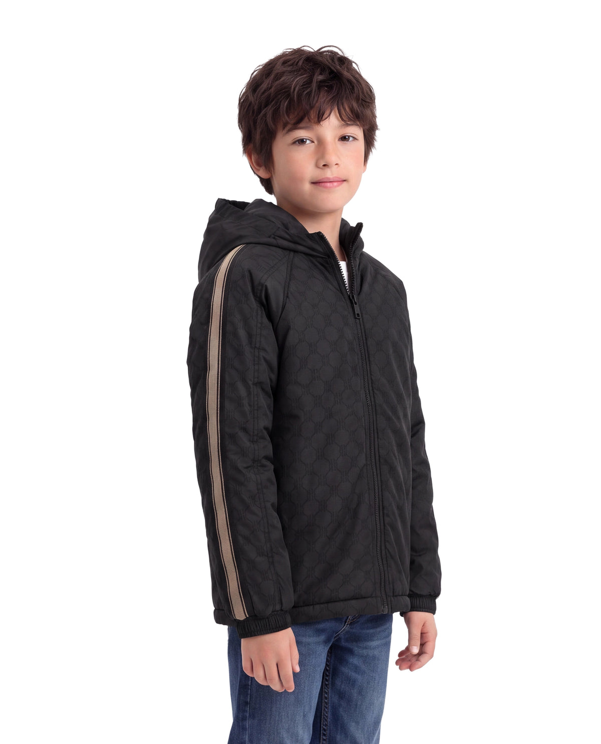 Rare Ones Kids Grami Black Polyester Fabric Zipper Closure Regular Fit Monogram Print Jacket