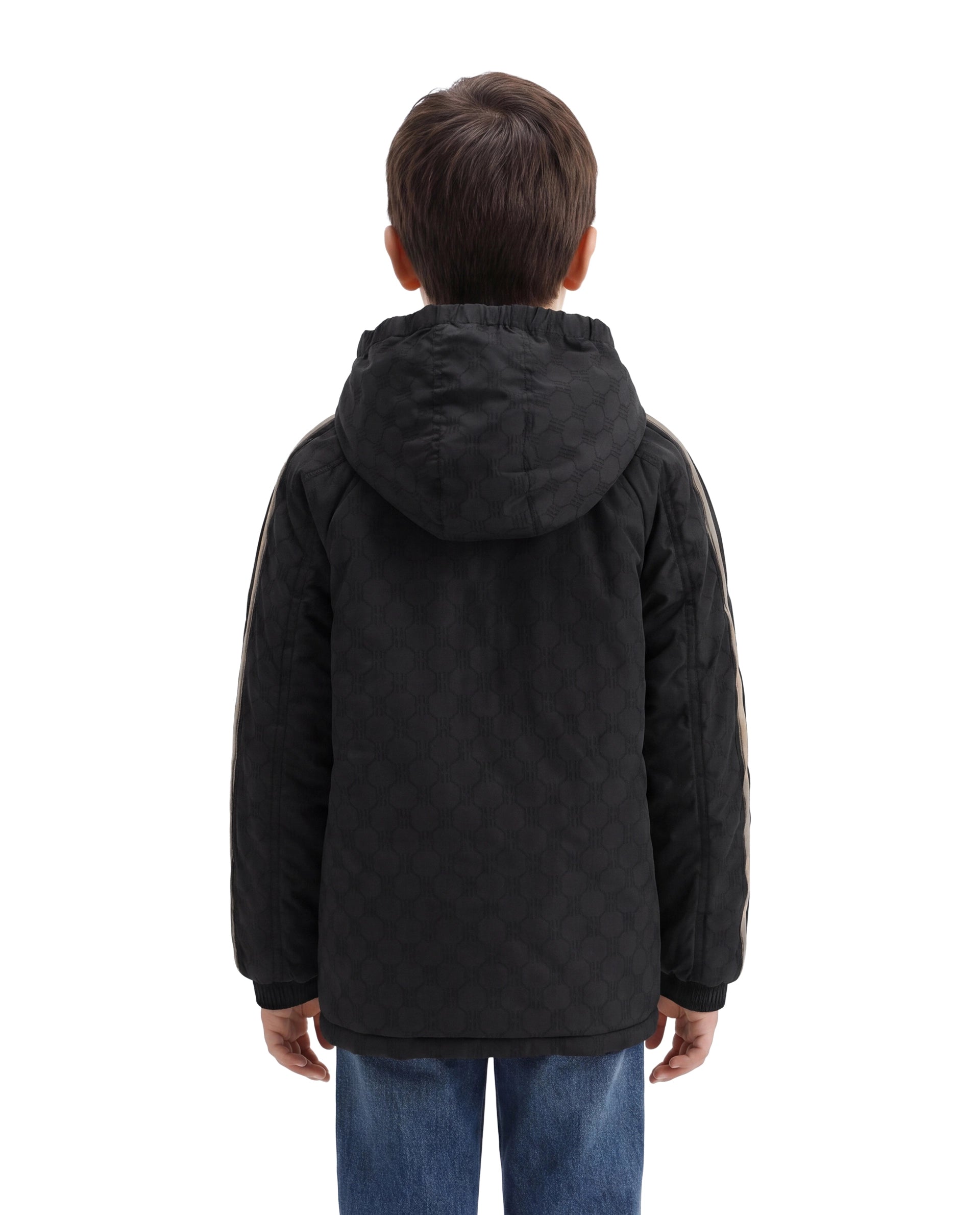 Rare Ones Kids Grami Black Polyester Fabric Zipper Closure Regular Fit Monogram Print Jacket