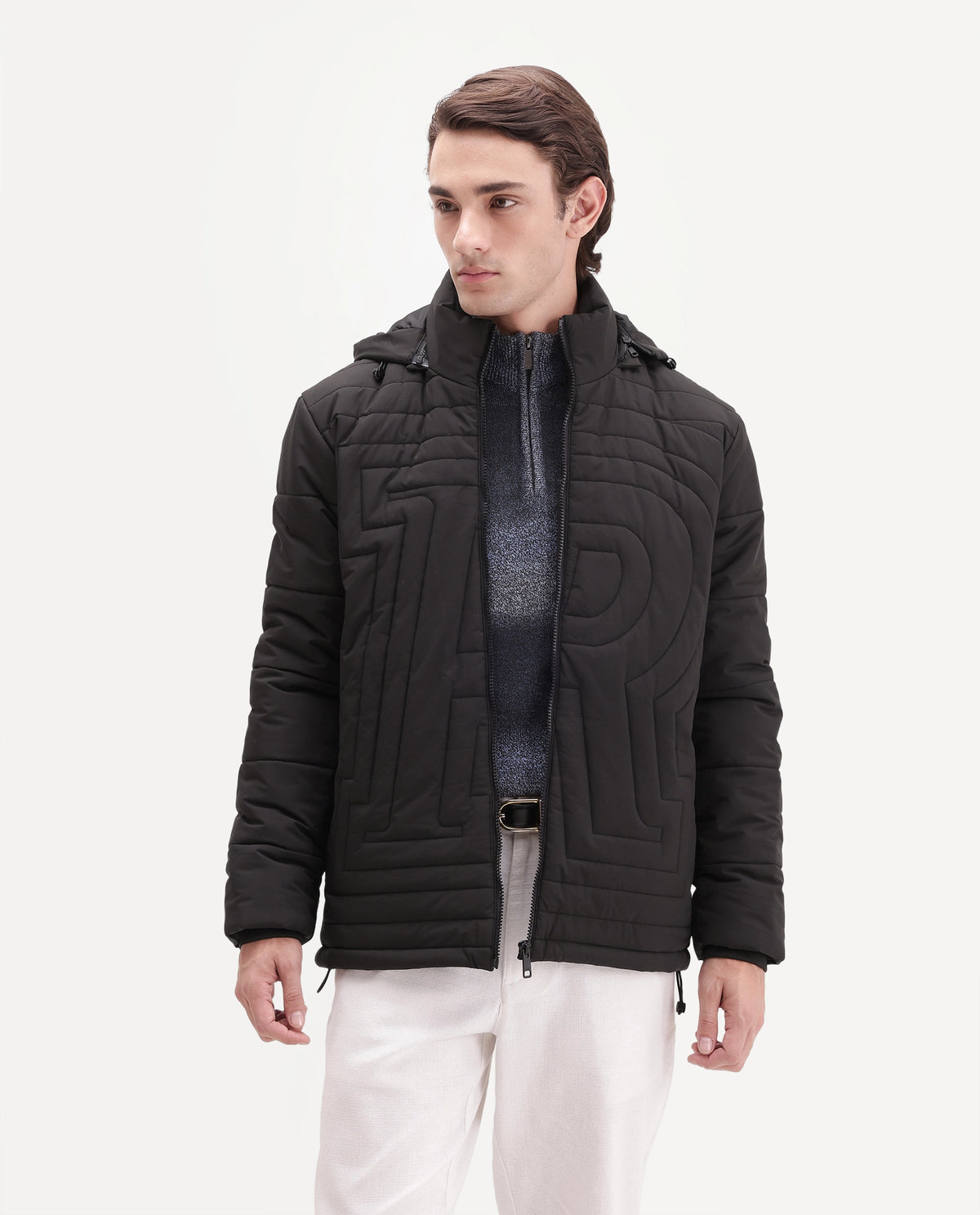 Rare Rabbit Men's Quilto Black Polyester Hooded Regular Plain Jacket