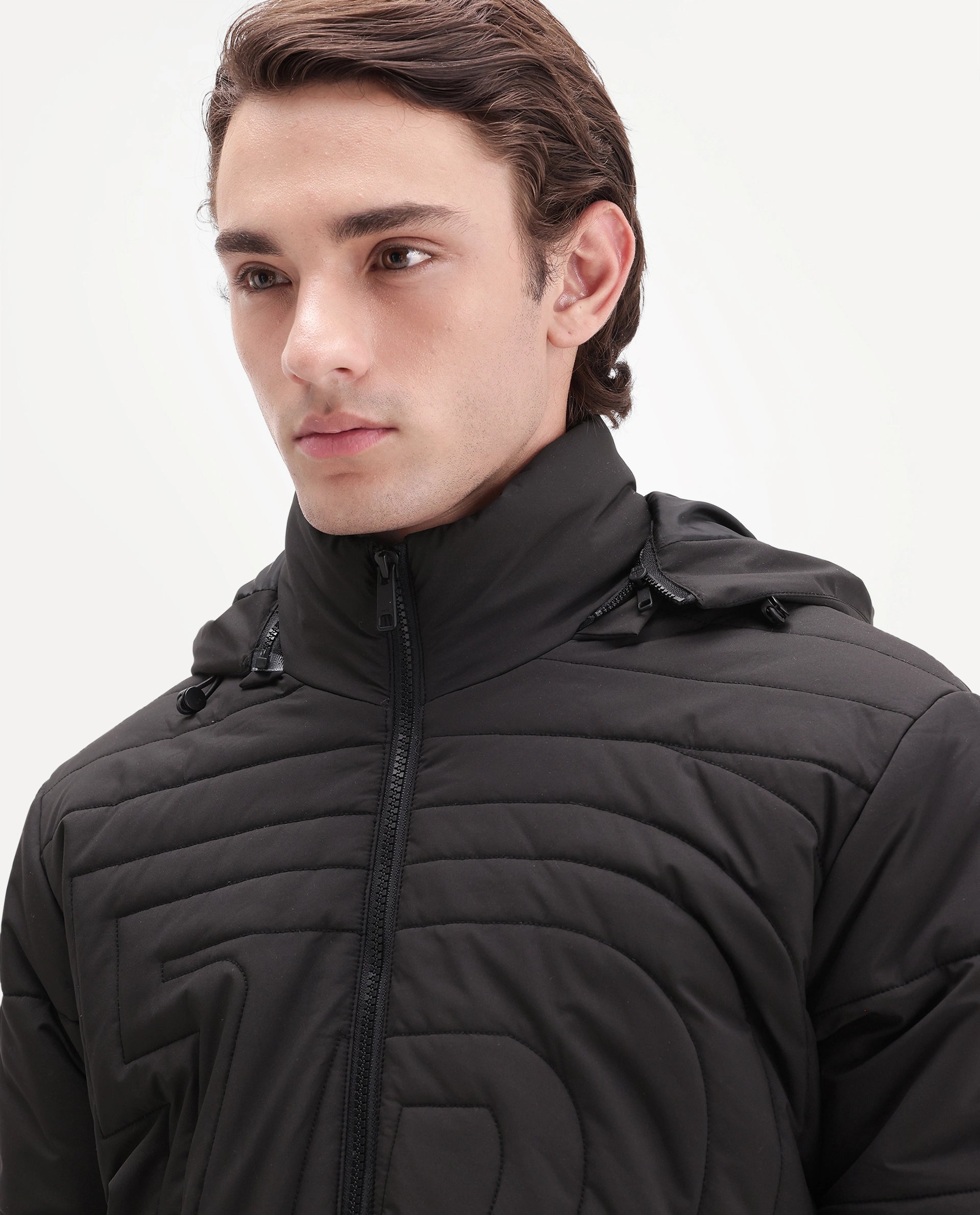 Rare Rabbit Men's Quilto Black Polyester Hooded Regular Plain Jacket