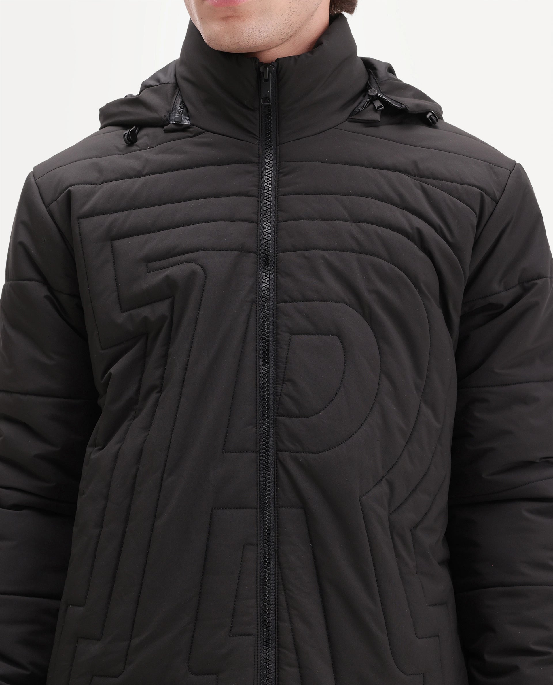 Rare Rabbit Men's Quilto Black Polyester Hooded Regular Plain Jacket