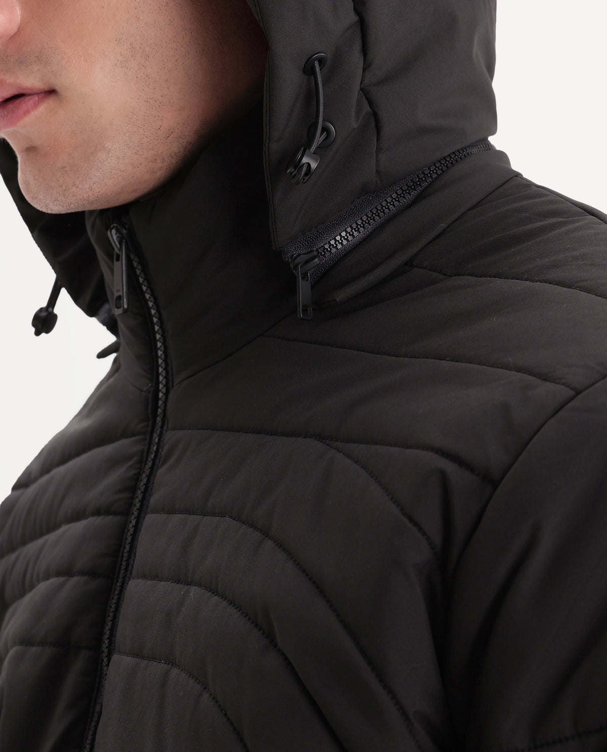 Rare Rabbit Men's Quilto Black Polyester Hooded Regular Plain Jacket