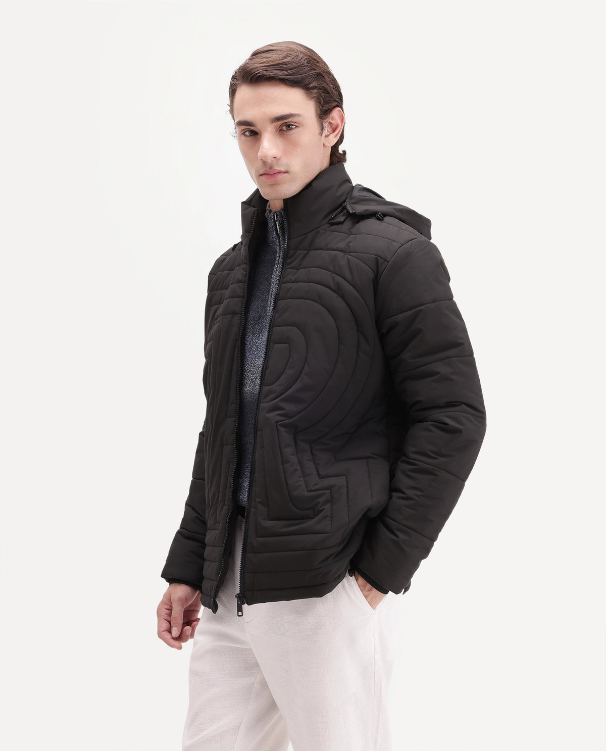 Rare Rabbit Men's Quilto Black Polyester Hooded Regular Plain Jacket