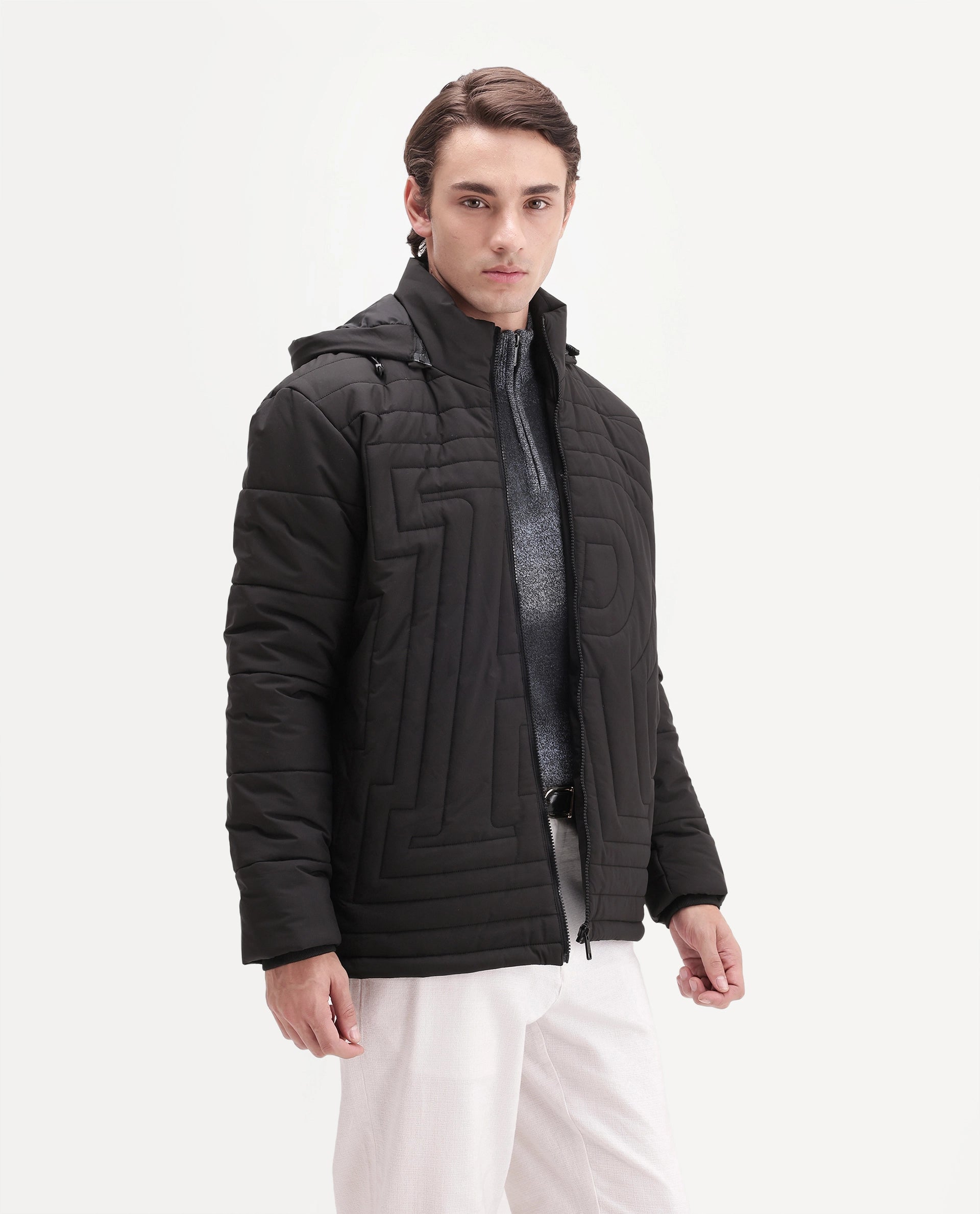 Rare Rabbit Men's Quilto Black Polyester Hooded Regular Plain Jacket