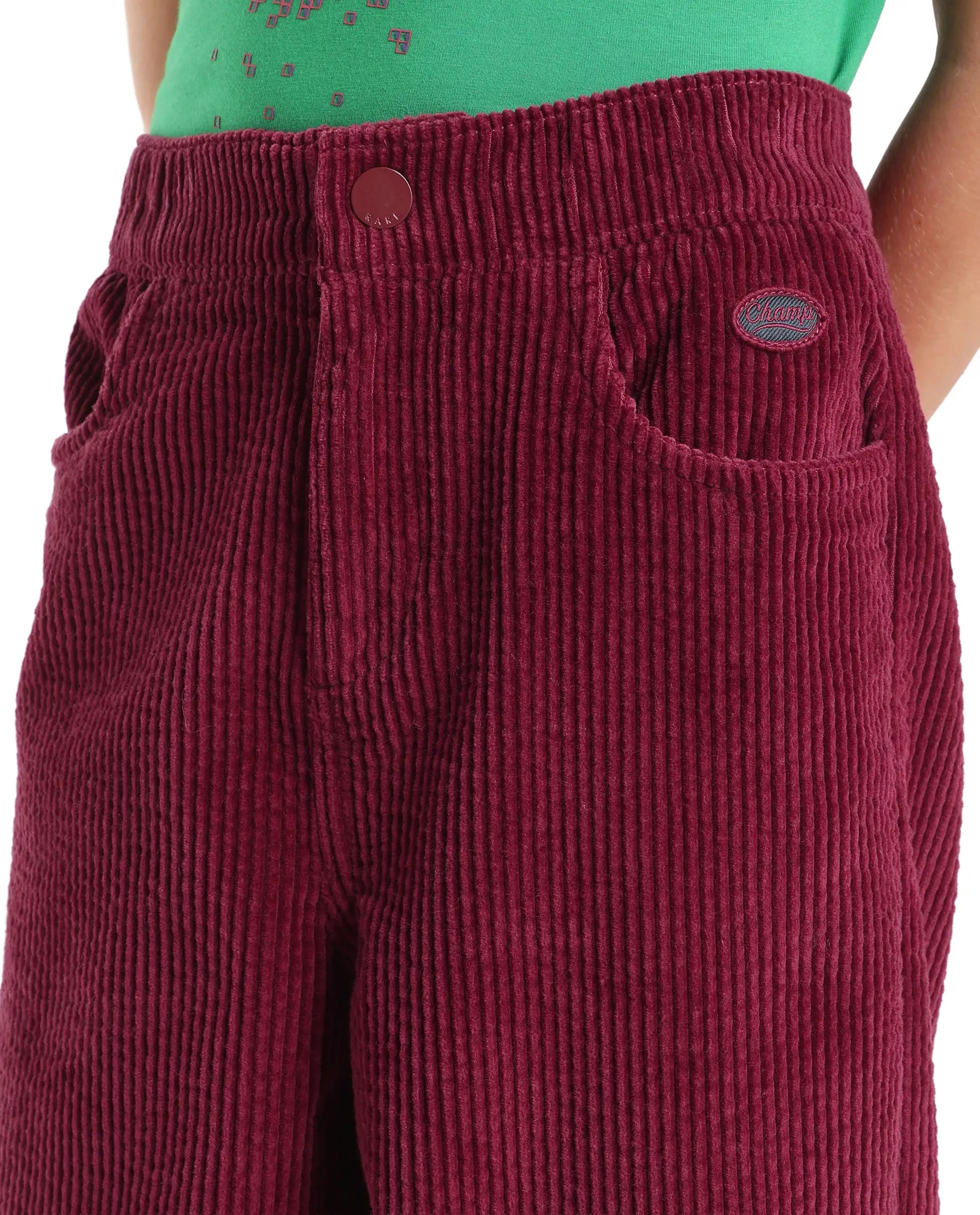 Rare Ones Kids Caro-T Dark Red Cotton Fabric Button And Zip Closure Regular Fit Plain Trouser