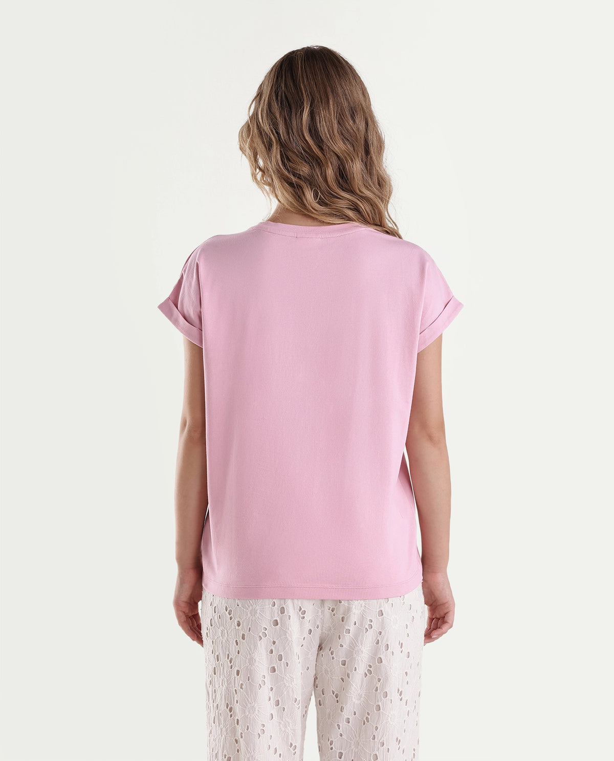 Rareism Women's Moxies Light Pink Cotton Blend Crew Neck Relaxed Object Print T-Shirt