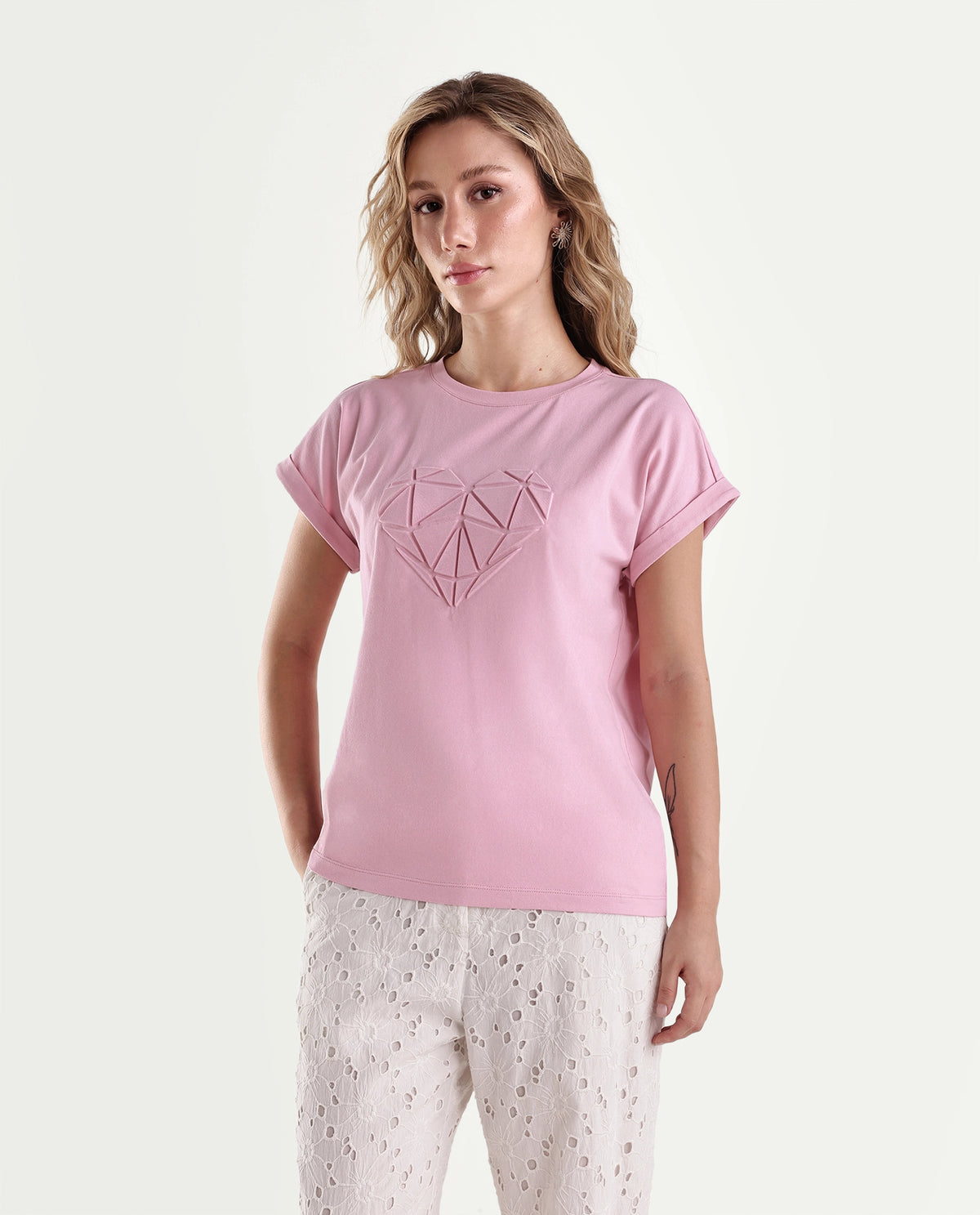 Rareism Women's Moxies Light Pink Cotton Blend Crew Neck Relaxed Object Print T-Shirt
