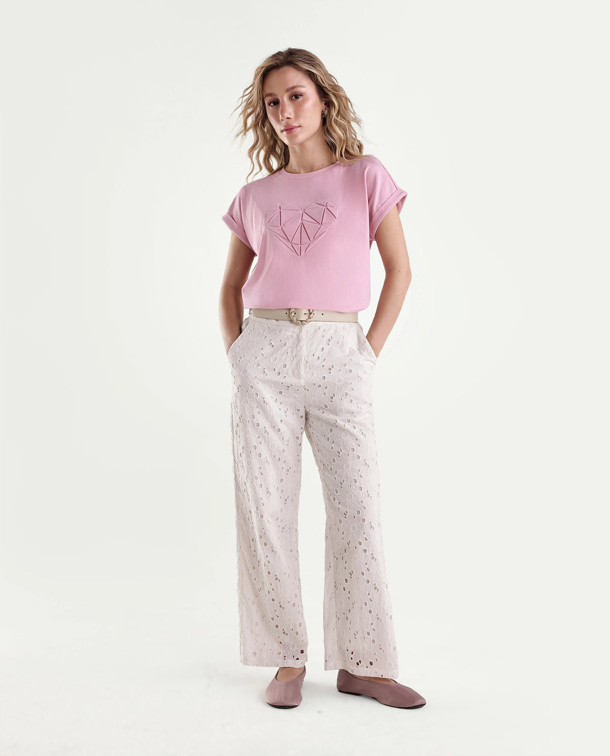 Rareism Women's Moxies Light Pink Cotton Blend Crew Neck Relaxed Object Print T-Shirt
