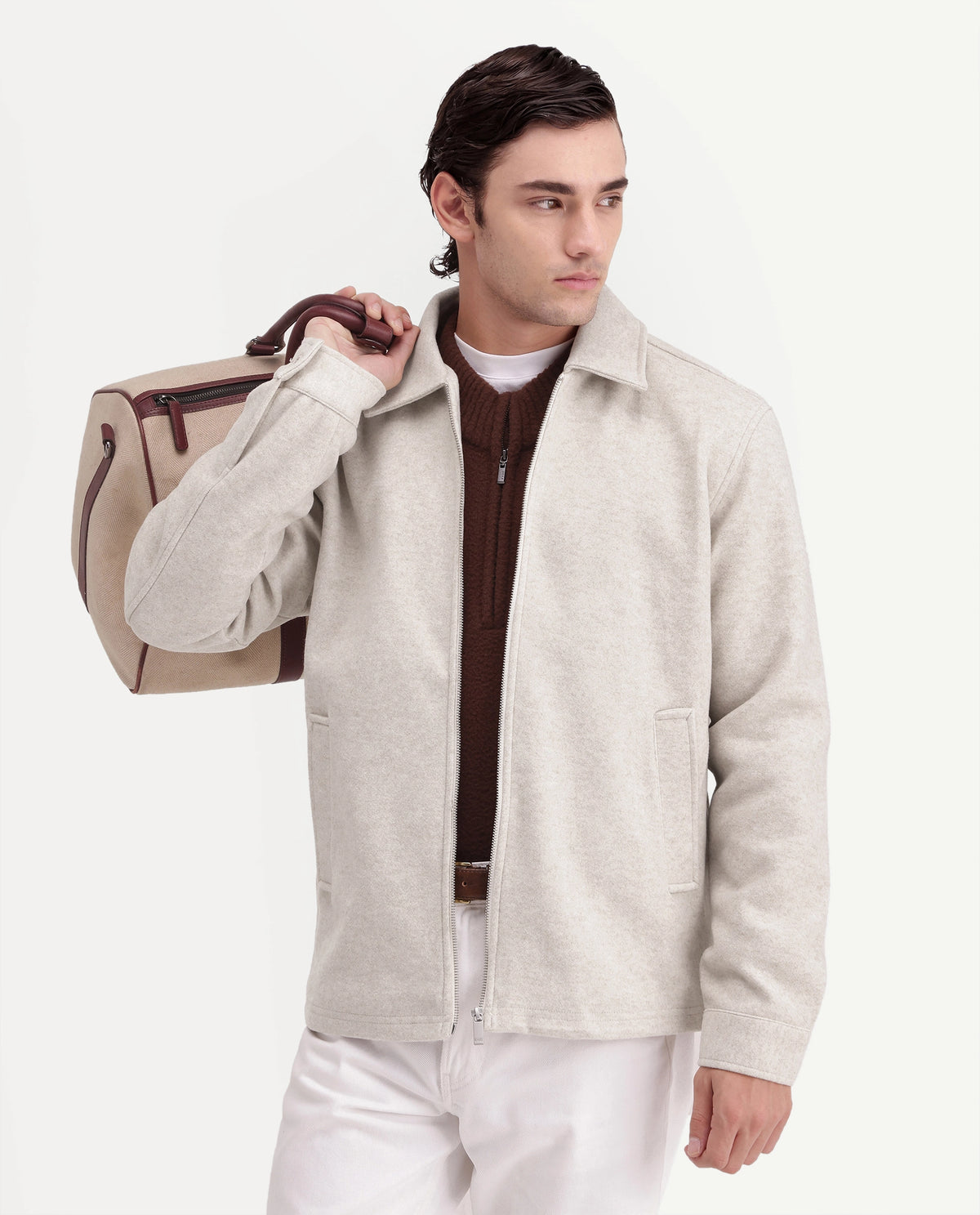Rare Rabbit Men's Tweeder-26 Off White Polyester Spread Collar Regular Plain Jacket