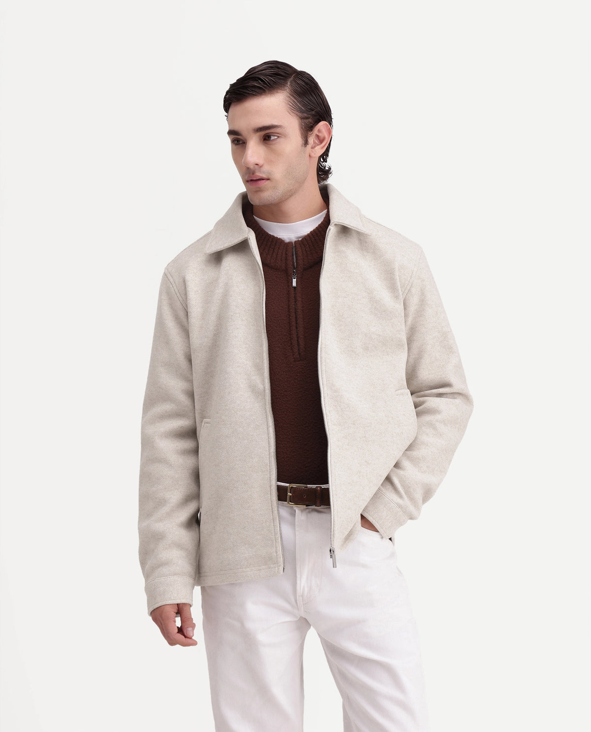 Rare Rabbit Men's Tweeder-26 Off White Polyester Spread Collar Regular Plain Jacket