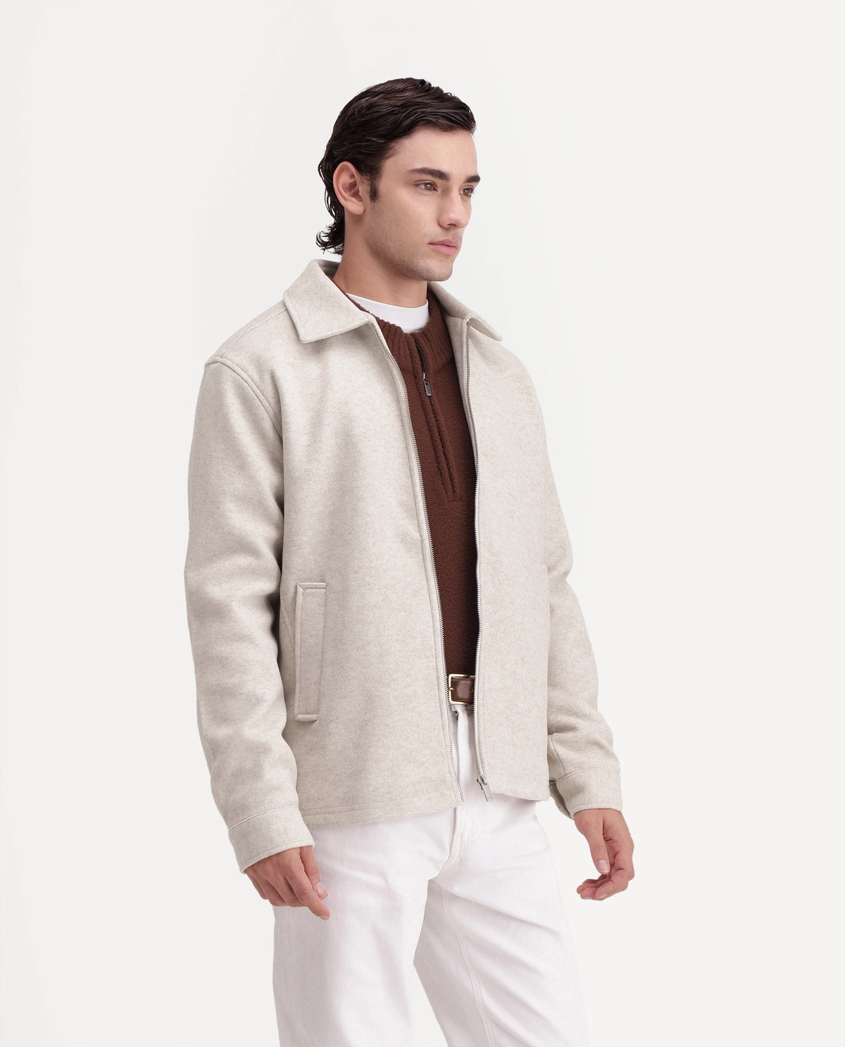 Rare Rabbit Men's Tweeder-26 Off White Polyester Spread Collar Regular Plain Jacket