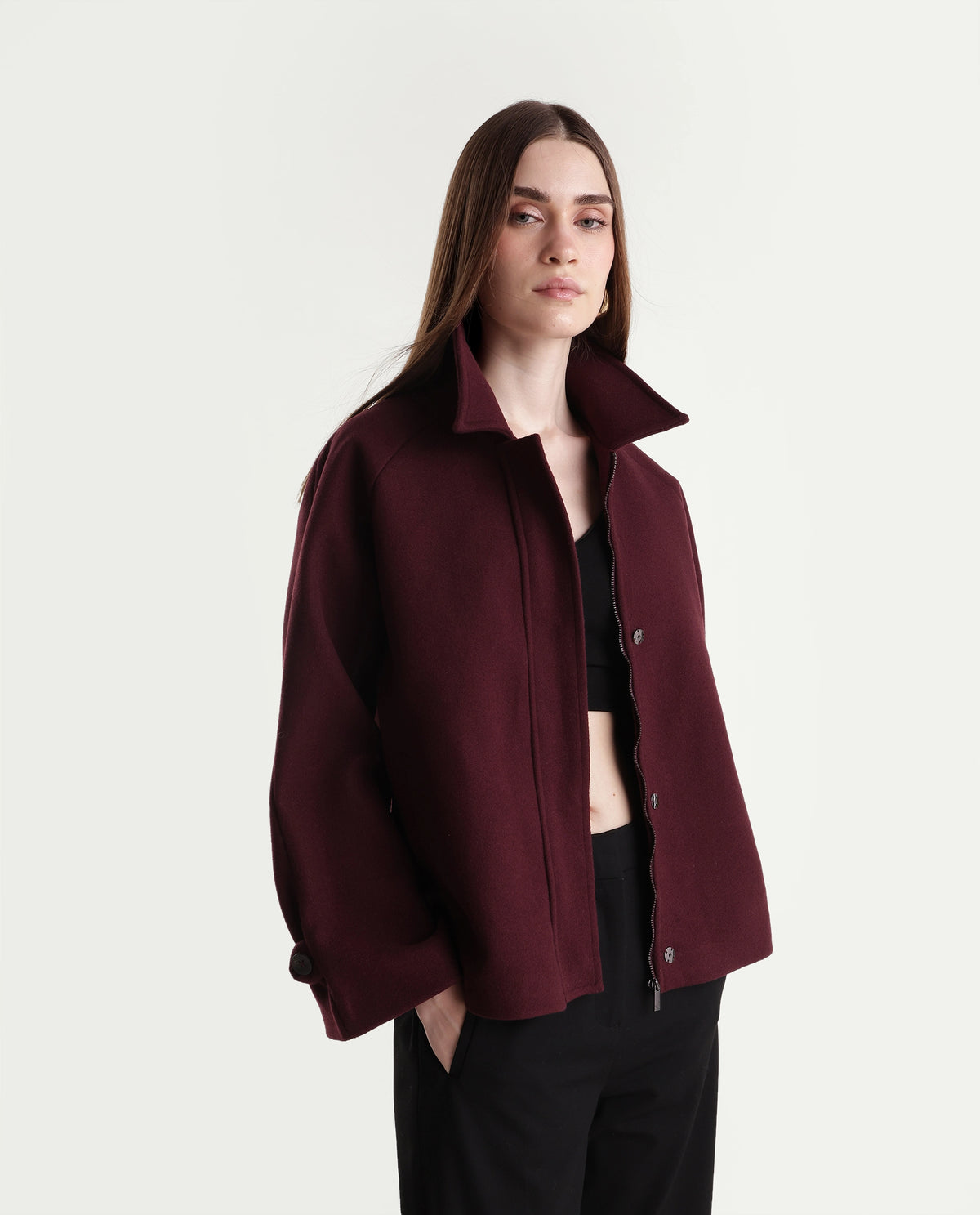 Rareism Women's Nicosaw26 Dark Maroon Polyester Spread Collar Zipper Relaxed Plain Jacket - image 1
