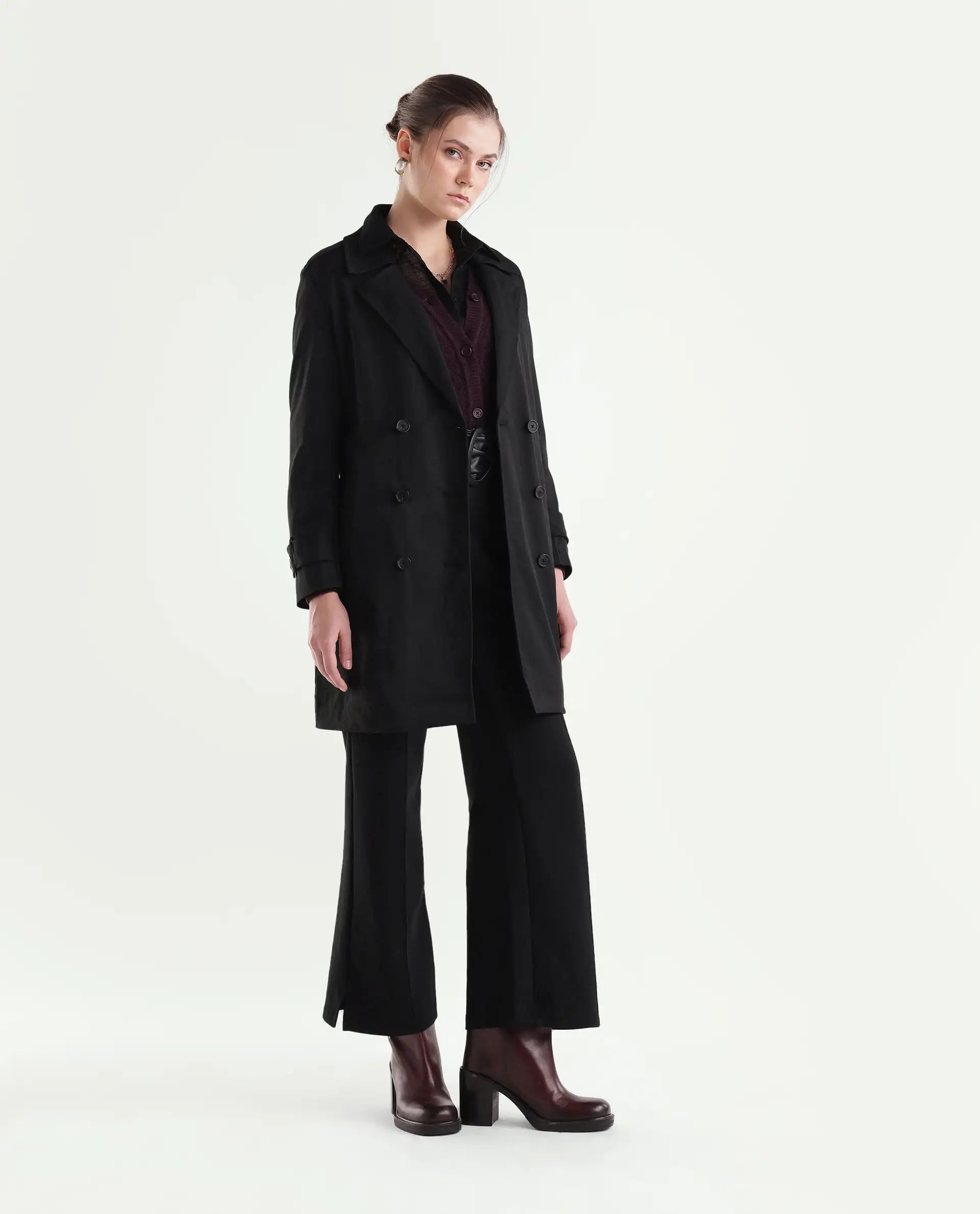 Rareism Women's Kench Black Polyester Blend Lapel Neck Relaxed Plain Coat