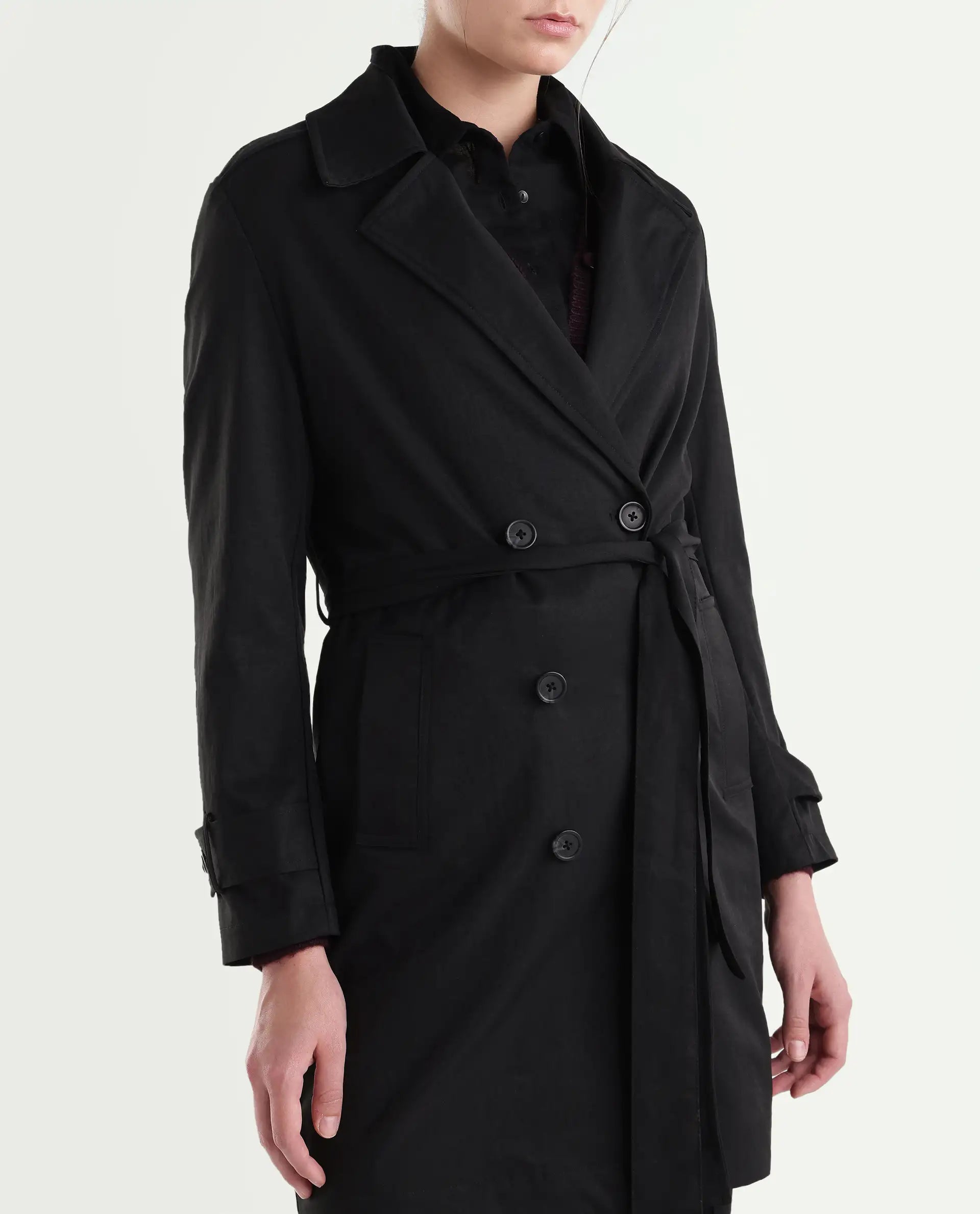 Rareism Women's Kench Black Polyester Blend Lapel Neck Relaxed Plain Coat